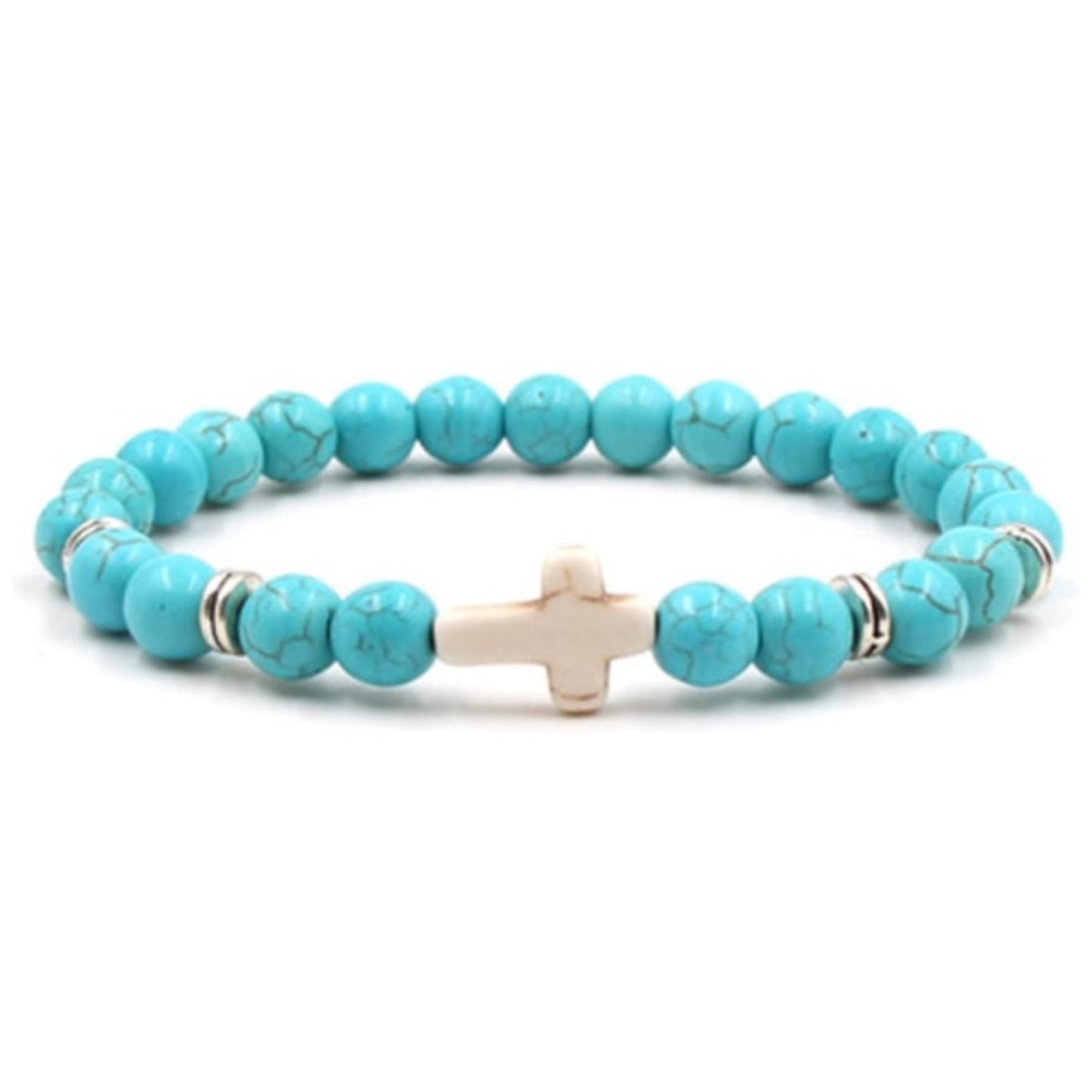Turquoise Beaded Cross Bracelet – Stretch Elastic Stackable Unisex Jewelry