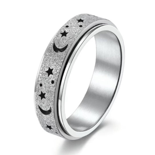 Frosted Silver Moon Star Anxiety Fidget Spinner Ring