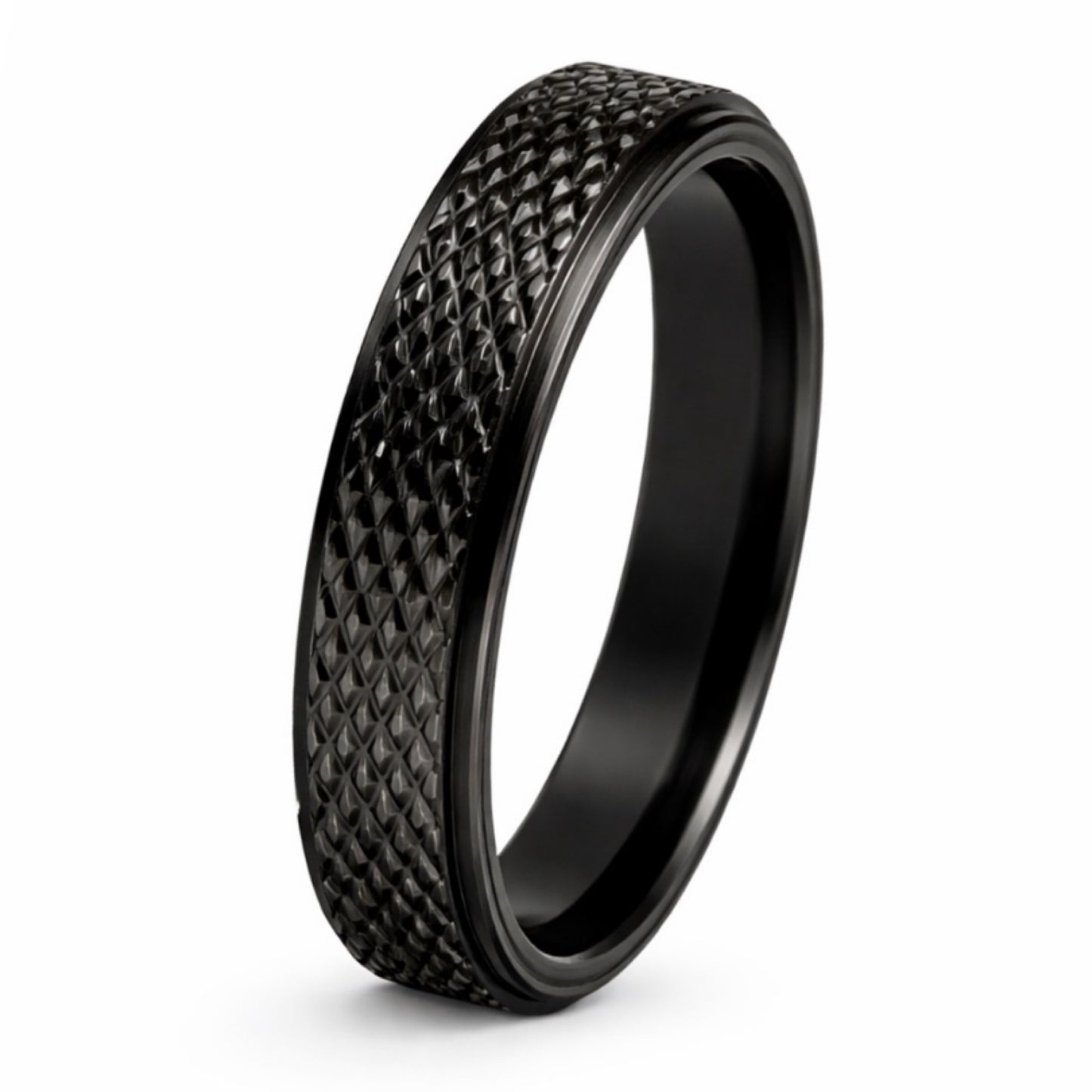 Black Stainless Steel Fidget Spinner Ring – Textured Anxiety Band
