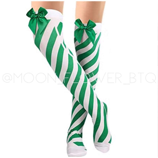 Green Christmas Candy Striped Over the Knee Thigh High Socks