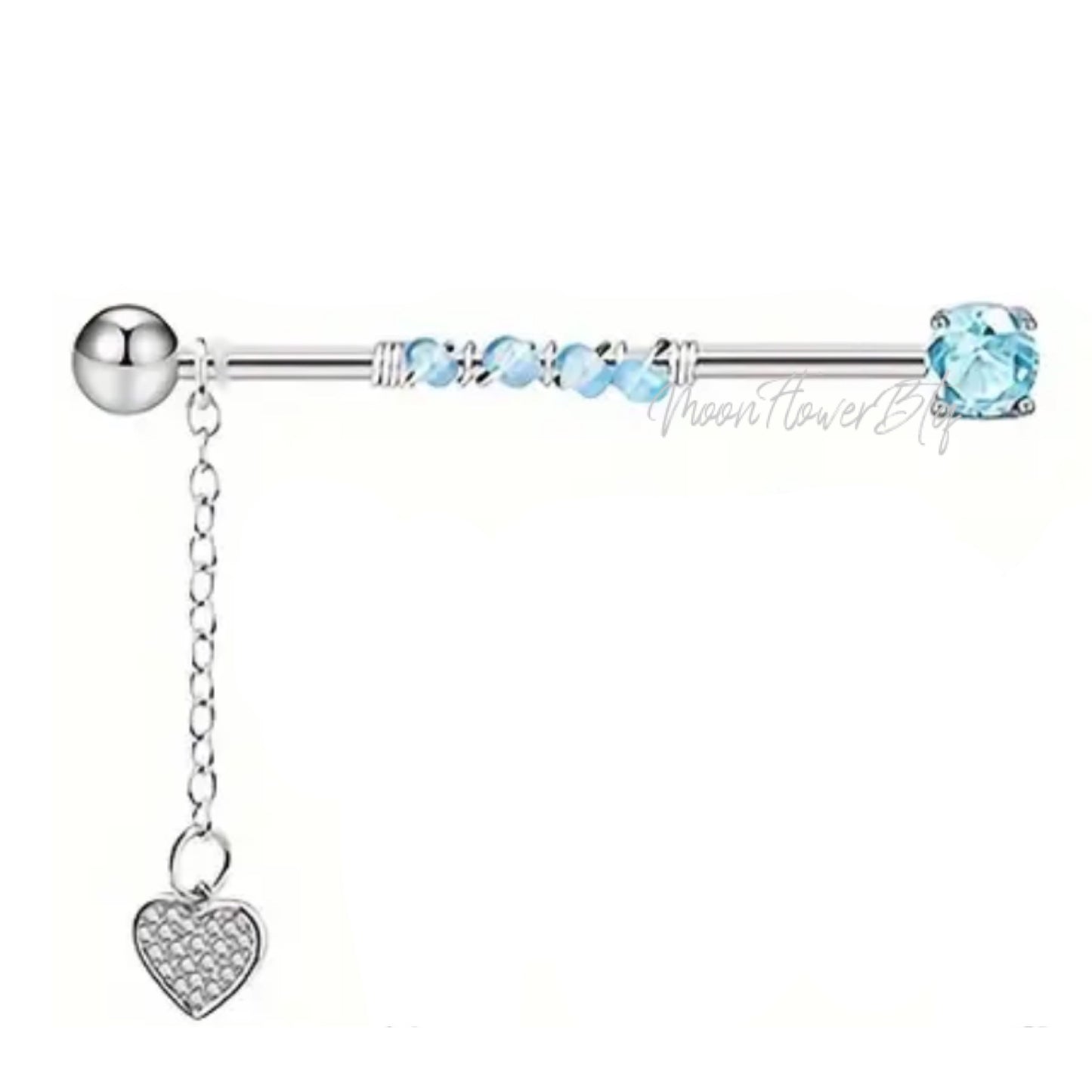 14G Surgical Steel Industrial Barbell with Light Blue Gems and Dangling Heart Charm