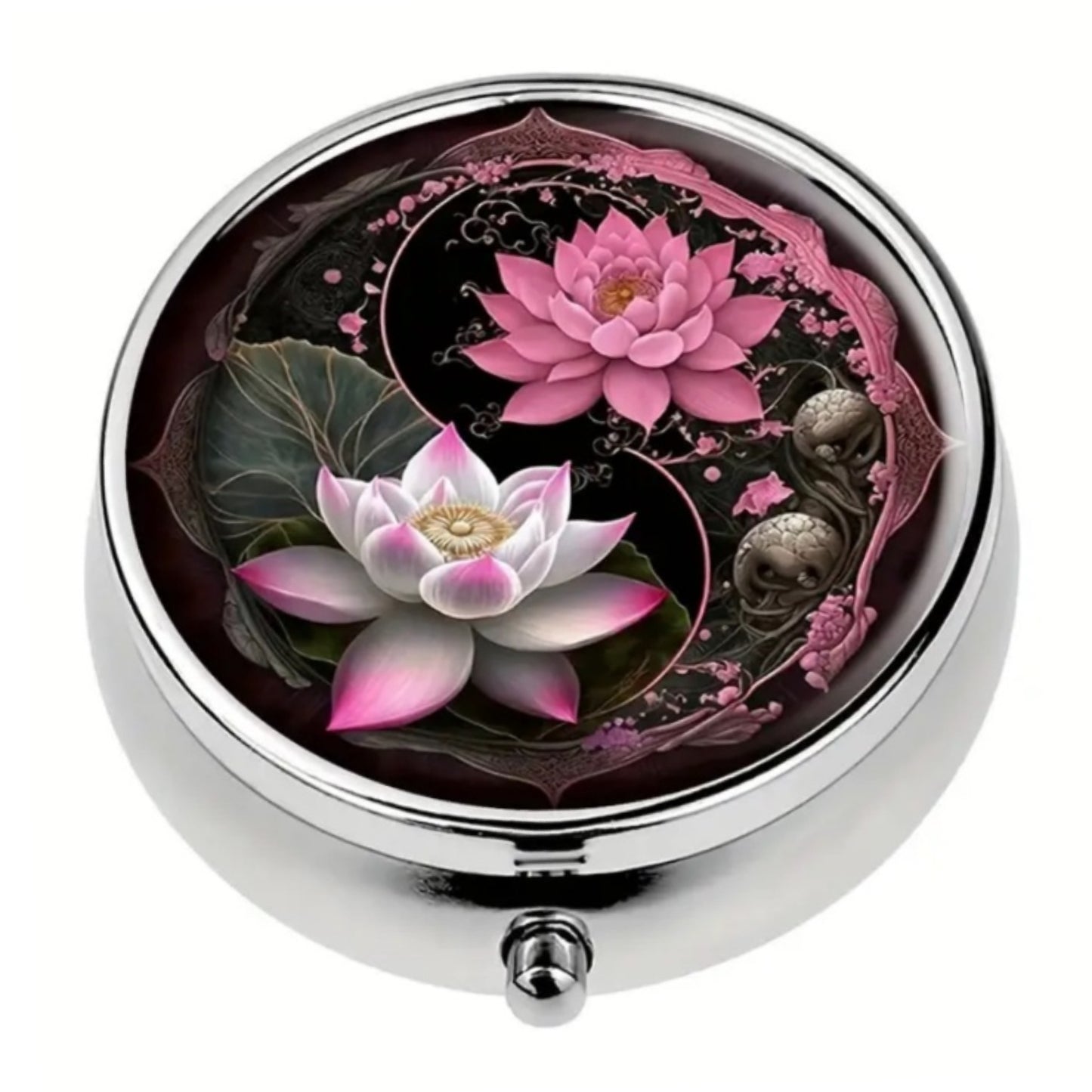 Pink Lotus Yin Yang Round Pill Box – 3 Compartment Silver Metal Case
