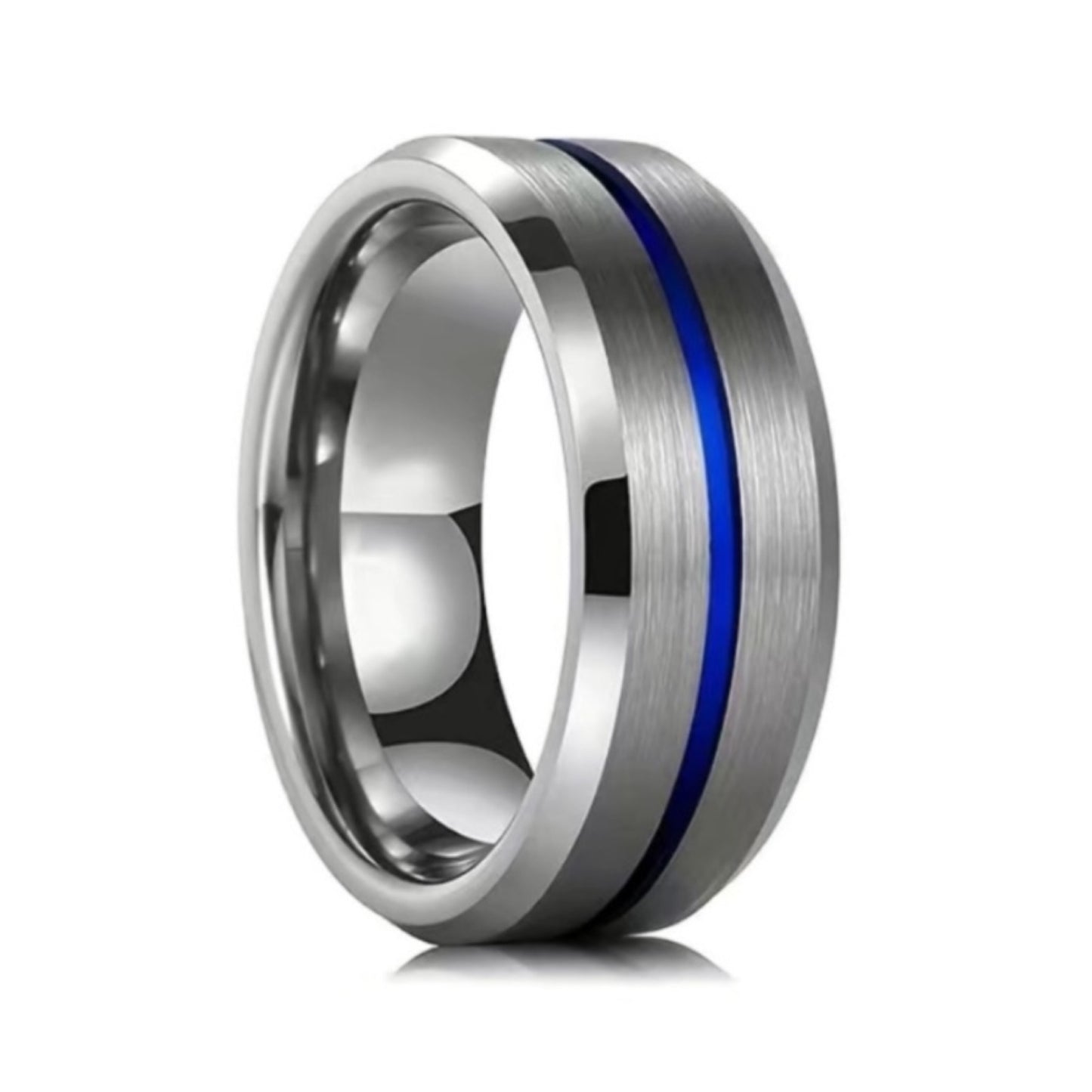 Stainless Steel Blue Groove Ring – Brushed Silver Comfort Fit Band