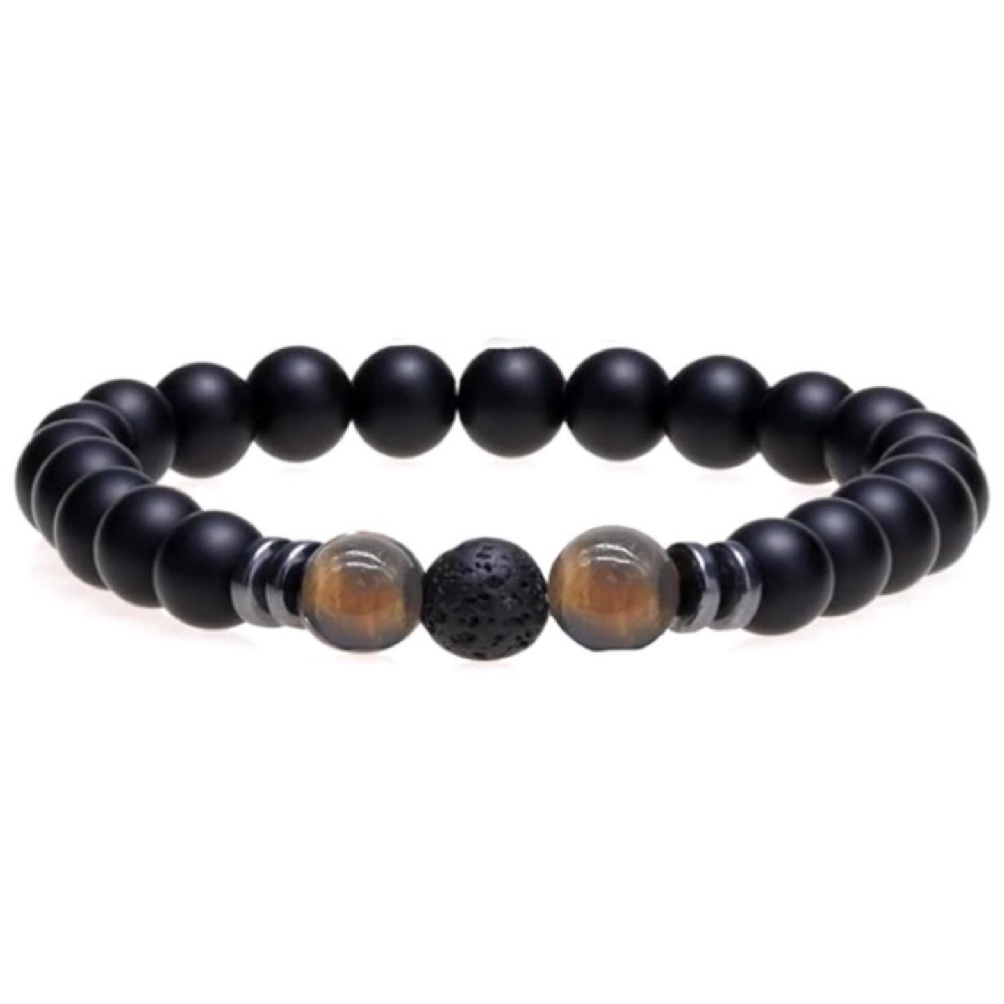 Matte Black Beaded Bracelet with Tiger Eye & Lava Stone Diffuser