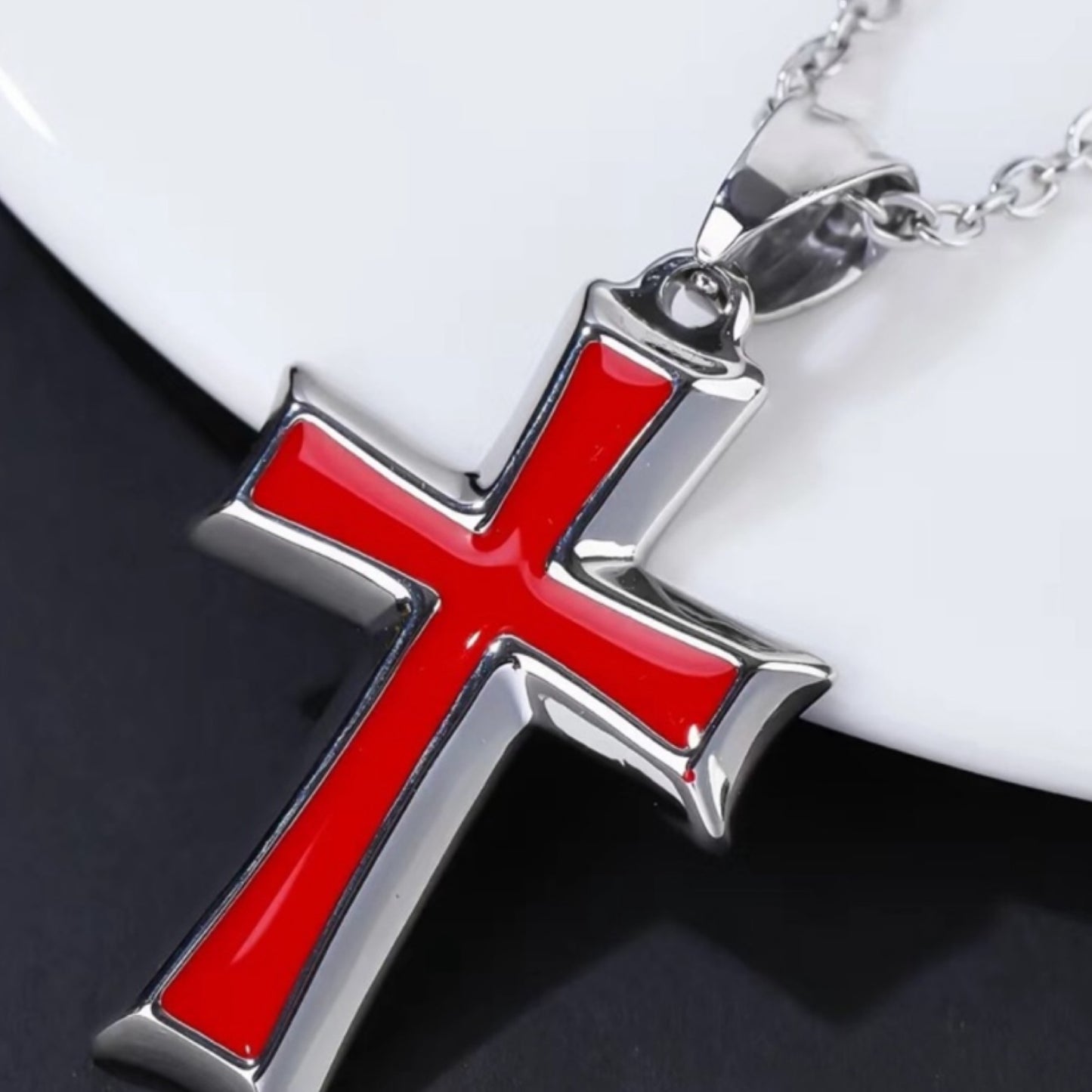 Silver Red Enamel Cross Pendant Chain Necklace