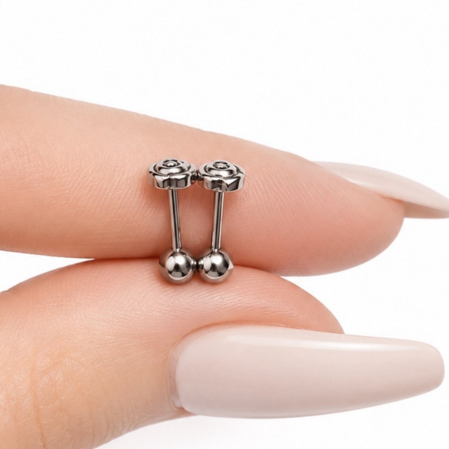 Stainless Steel Rose Bud Barbell Earrings – 18G