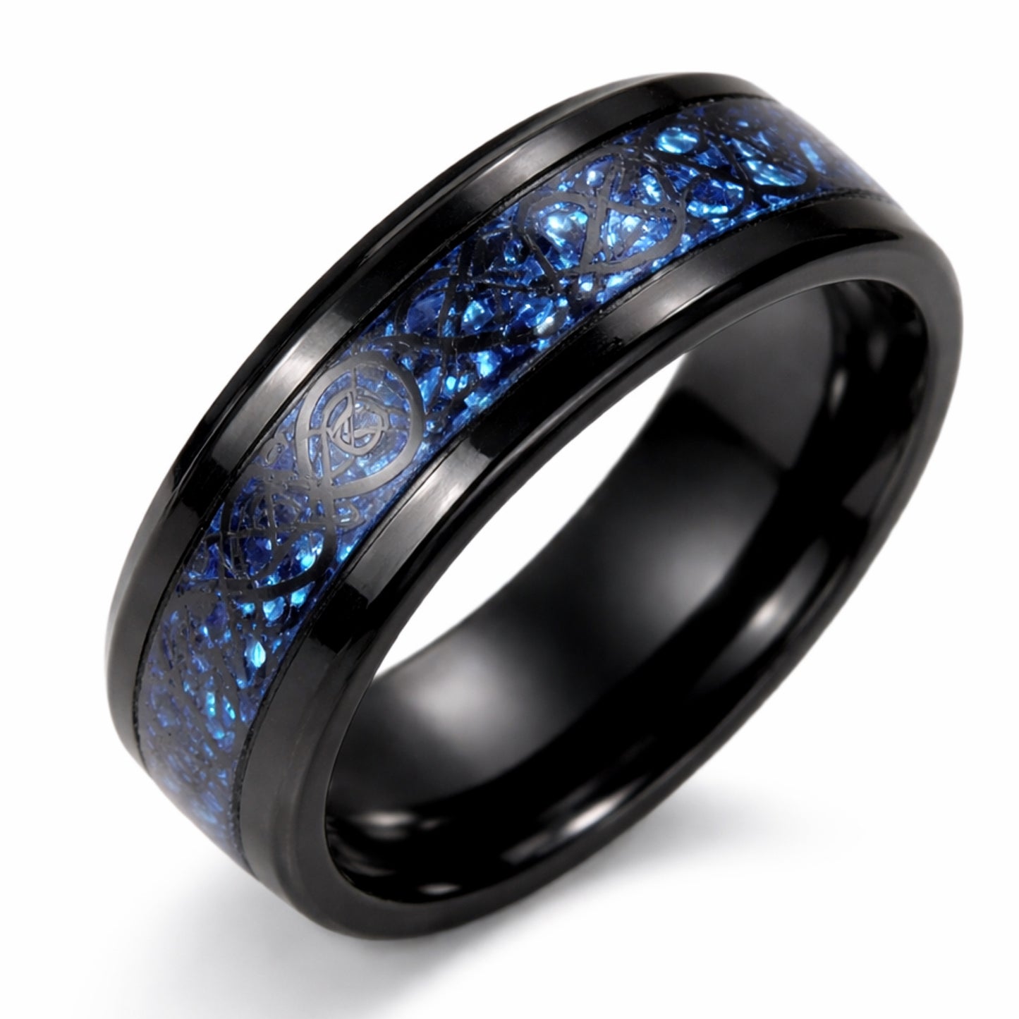 Black Stainless Steel Ring with Blue Inlay Celtic Knot Band