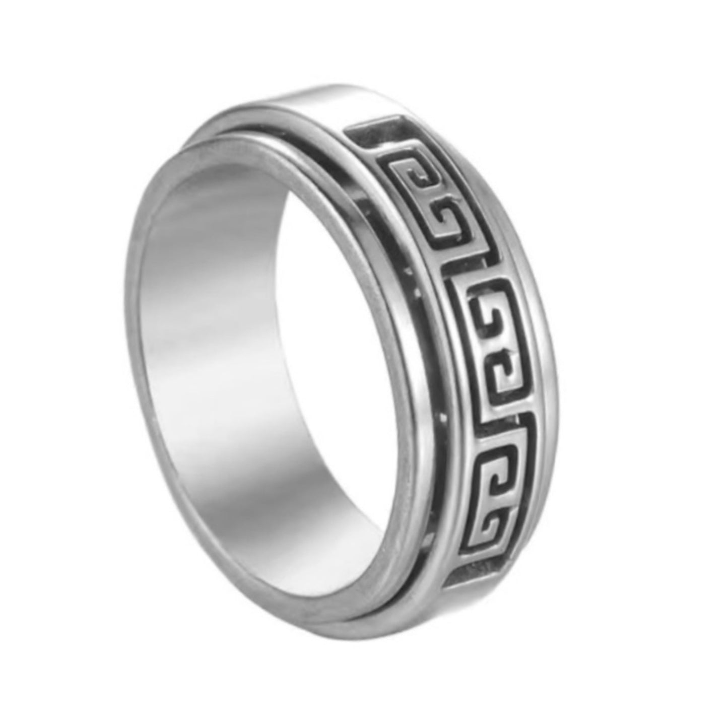 Stainless Steel Greek Key Cutout Fidget Spinner Ring