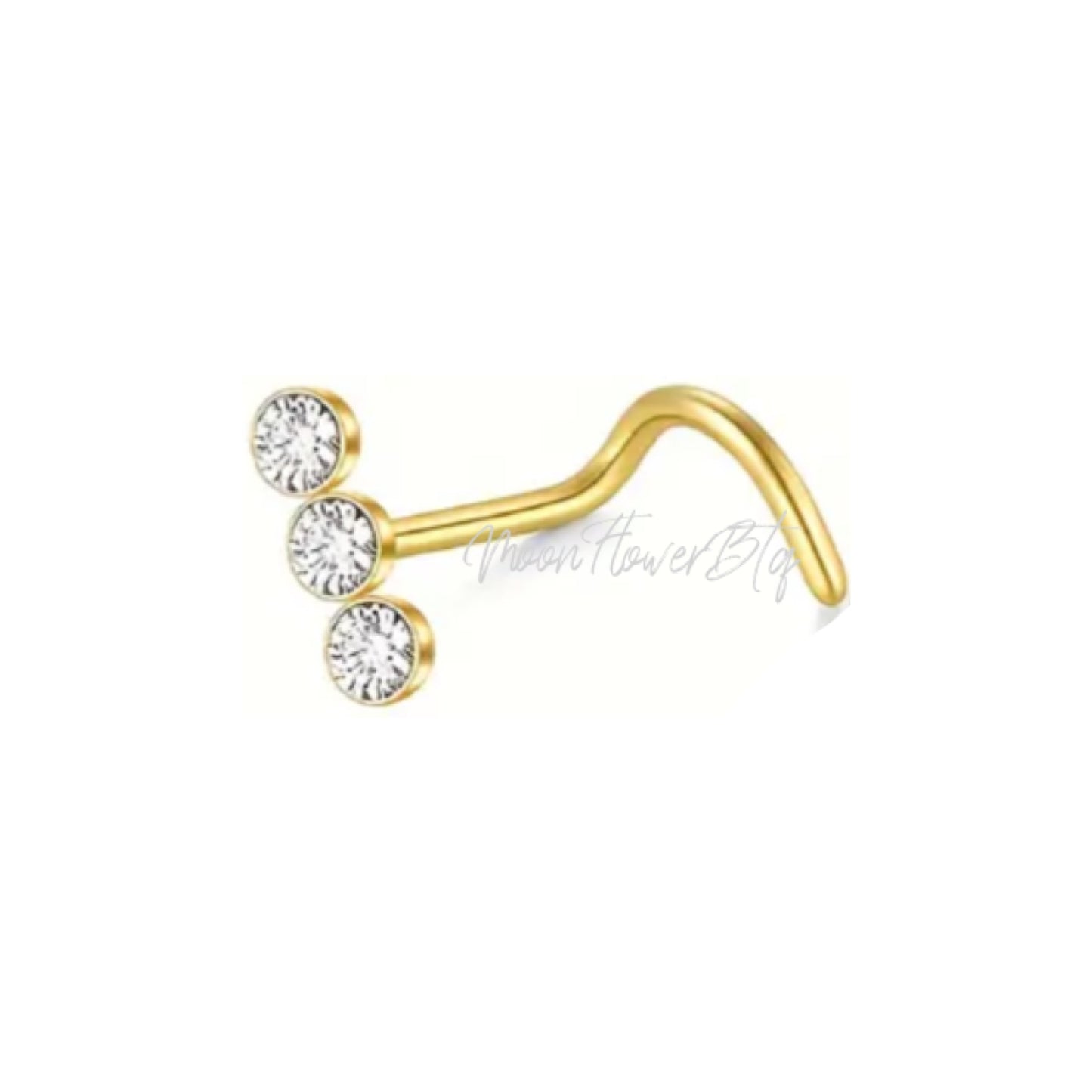 18k Gold Triple CZ Curve Nose Stud | Hook Shaped Surgical Steel Piercing