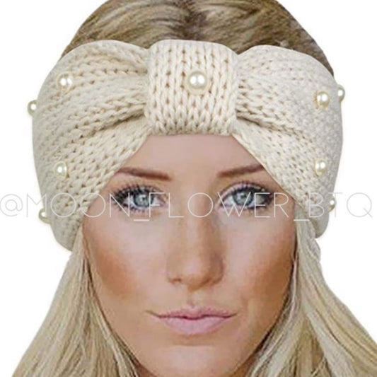 Vegan Knit Bow Headband Ear Warmer Off White Pearl