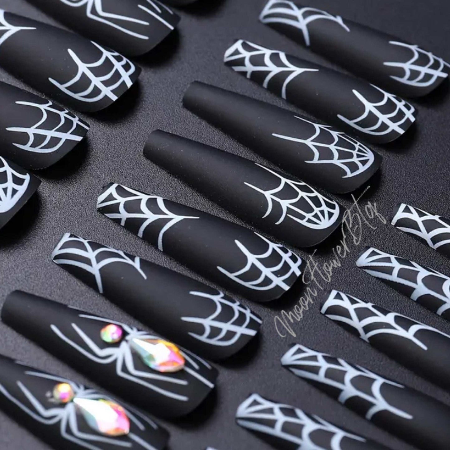 Spider Web Long Coffin Cut False Nails