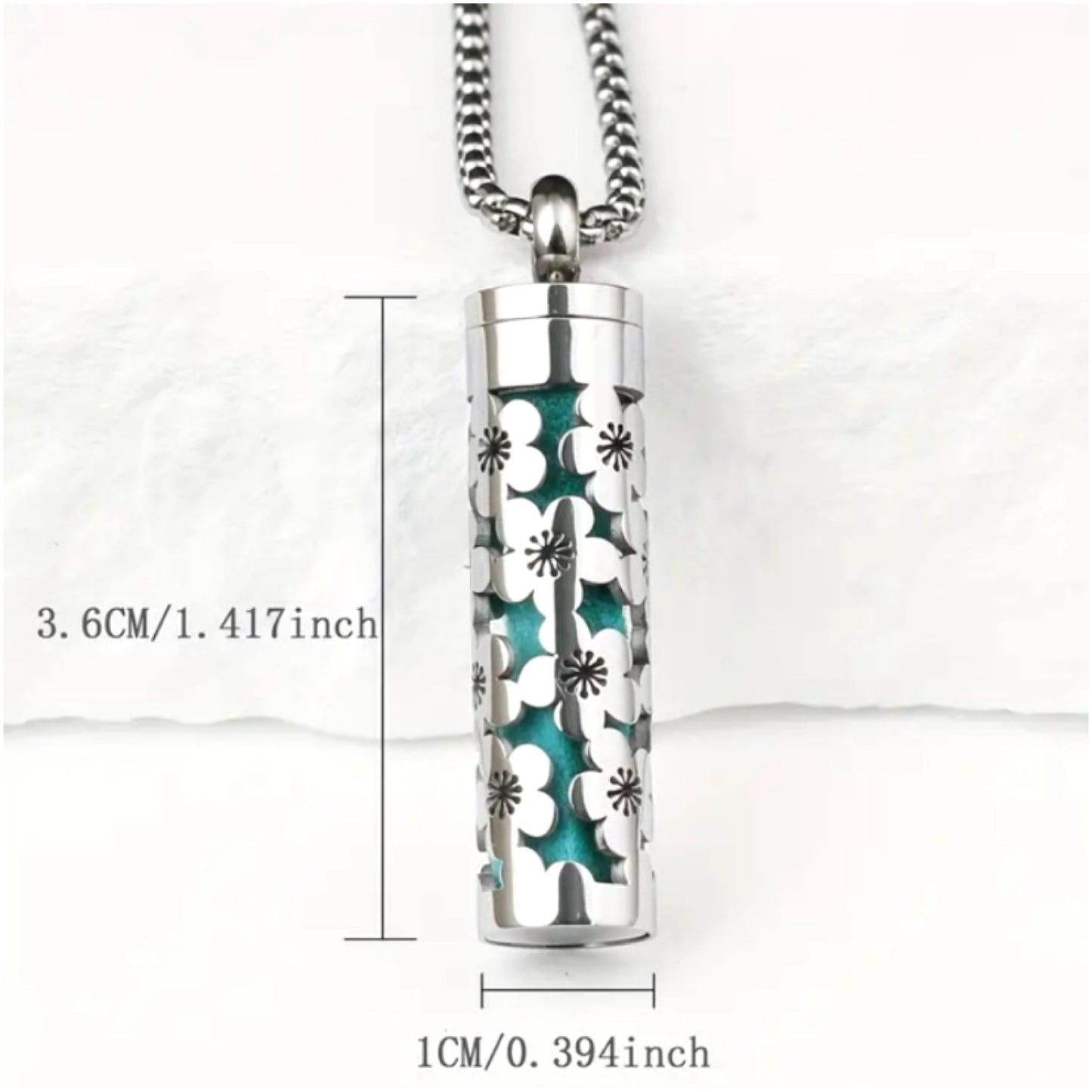 Silver Floral Essential Oil Diffuser Necklace with 28” Chain and 5 Refill Strips