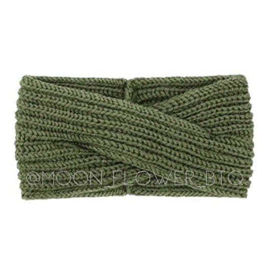 Vegan Knit Bow Headband Ear Warmer Green
