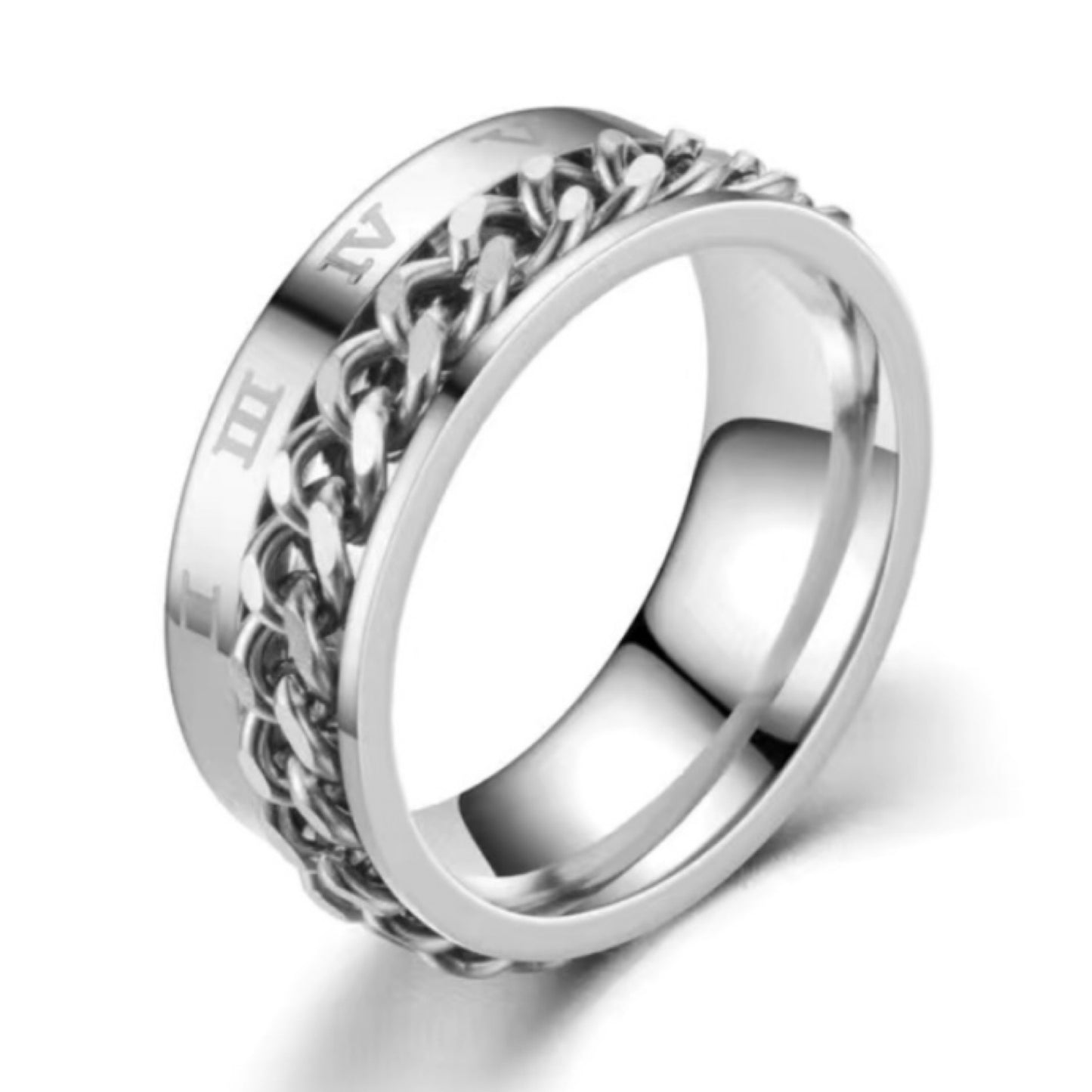 Stainless Steel Spinner Ring with Roman Numerals & Chain Band