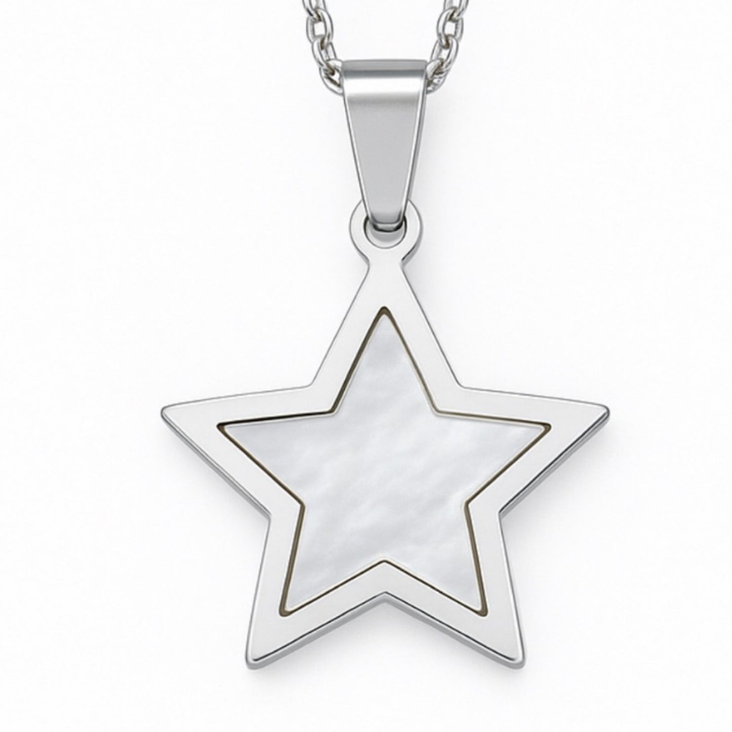 Stainless Steel Pearly Star Pendant Necklace – 20” Chain