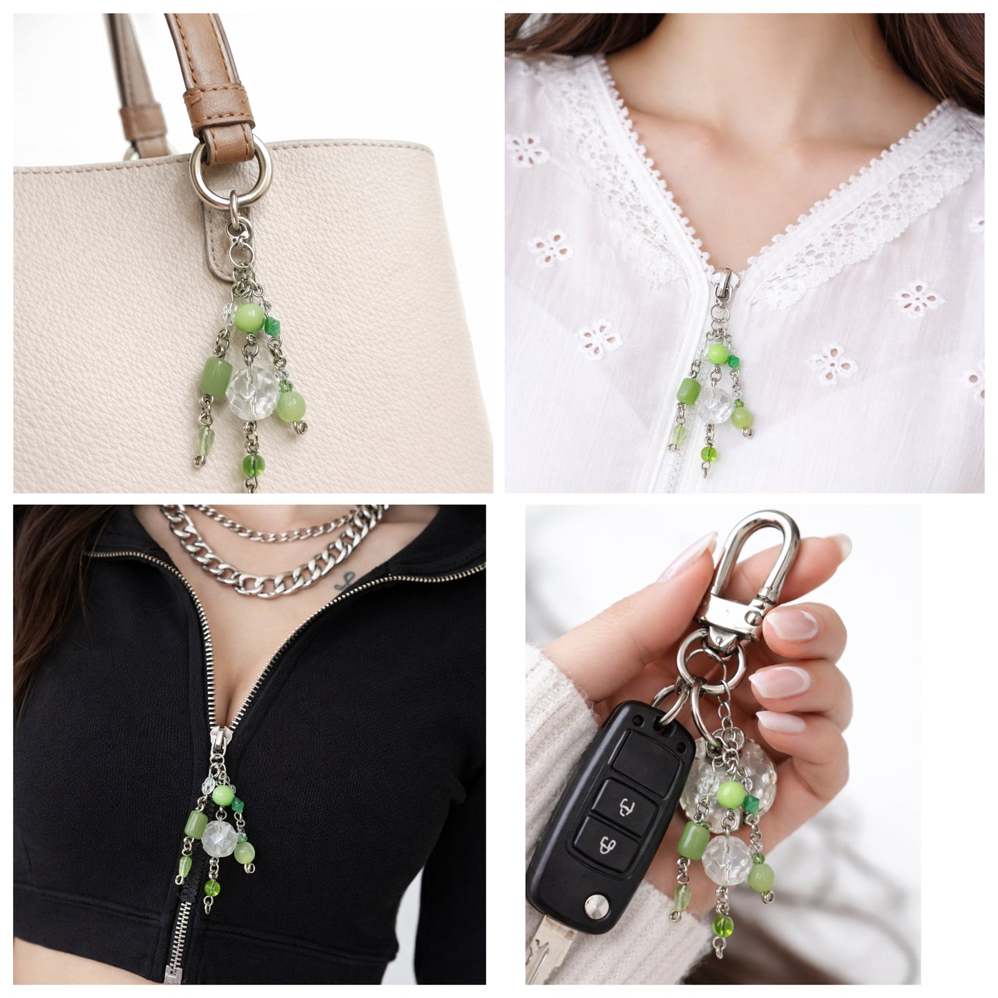 Green Glass Beaded Charm Keychain & Zipper Pull – Stainless Steel | OOAK