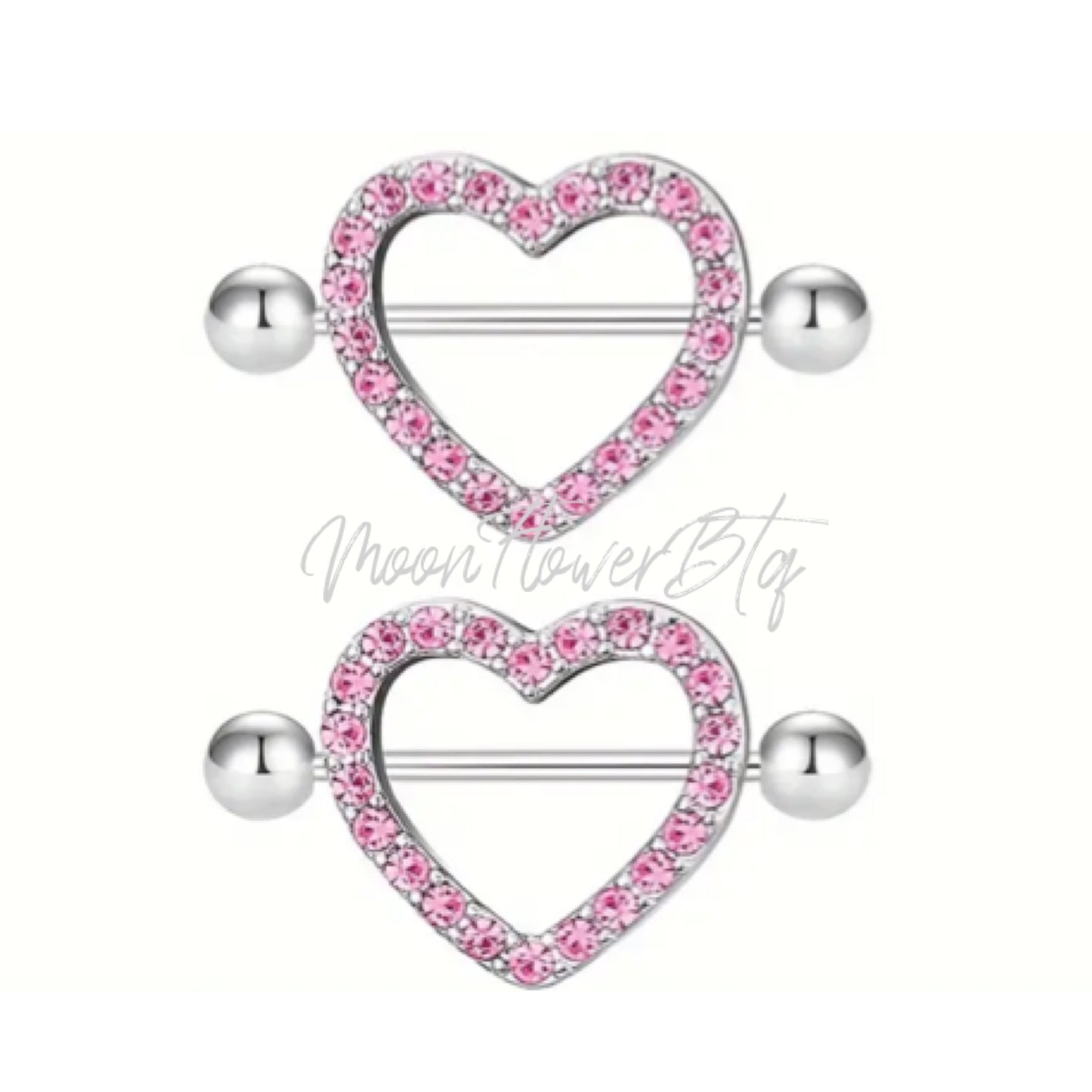 Pink Sparkly Rhinestone Heart Nipple Rings