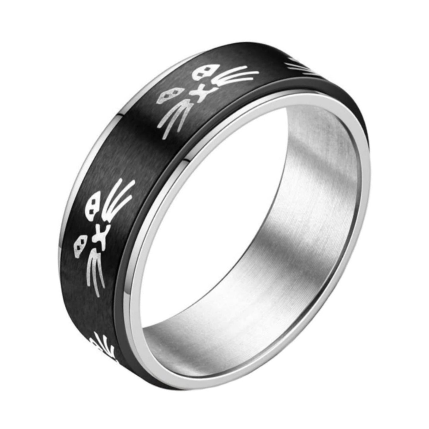 Cat Face Fidget Spinner Ring – Black & Silver