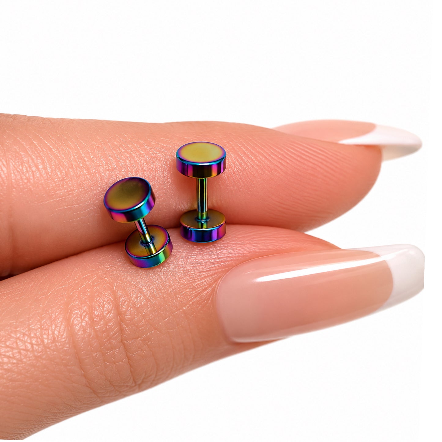 Rainbow Oil Slick Faux Gauge Fake Plug Earrings – 18G Studs 6mm