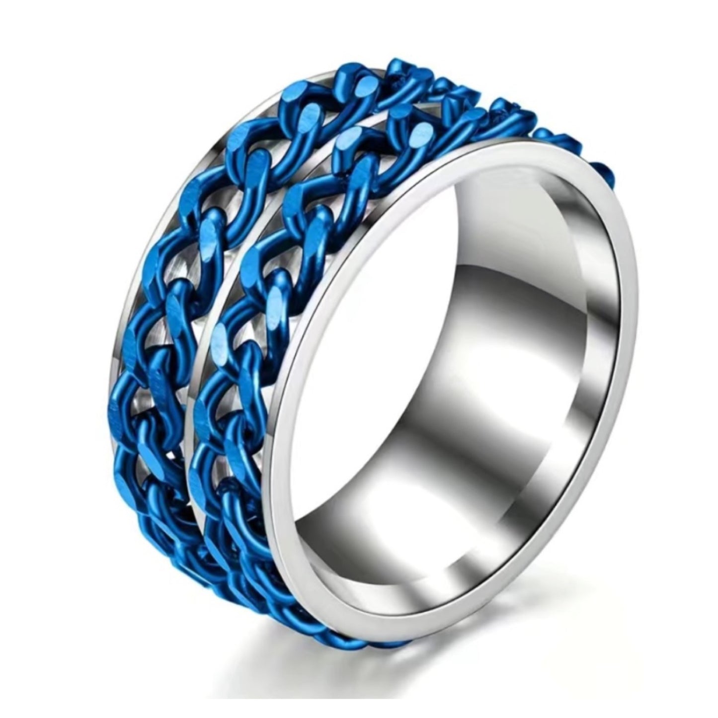 Men’s Silver and Blue Double Chain Spinner Ring – Stainless Steel Fidget Band