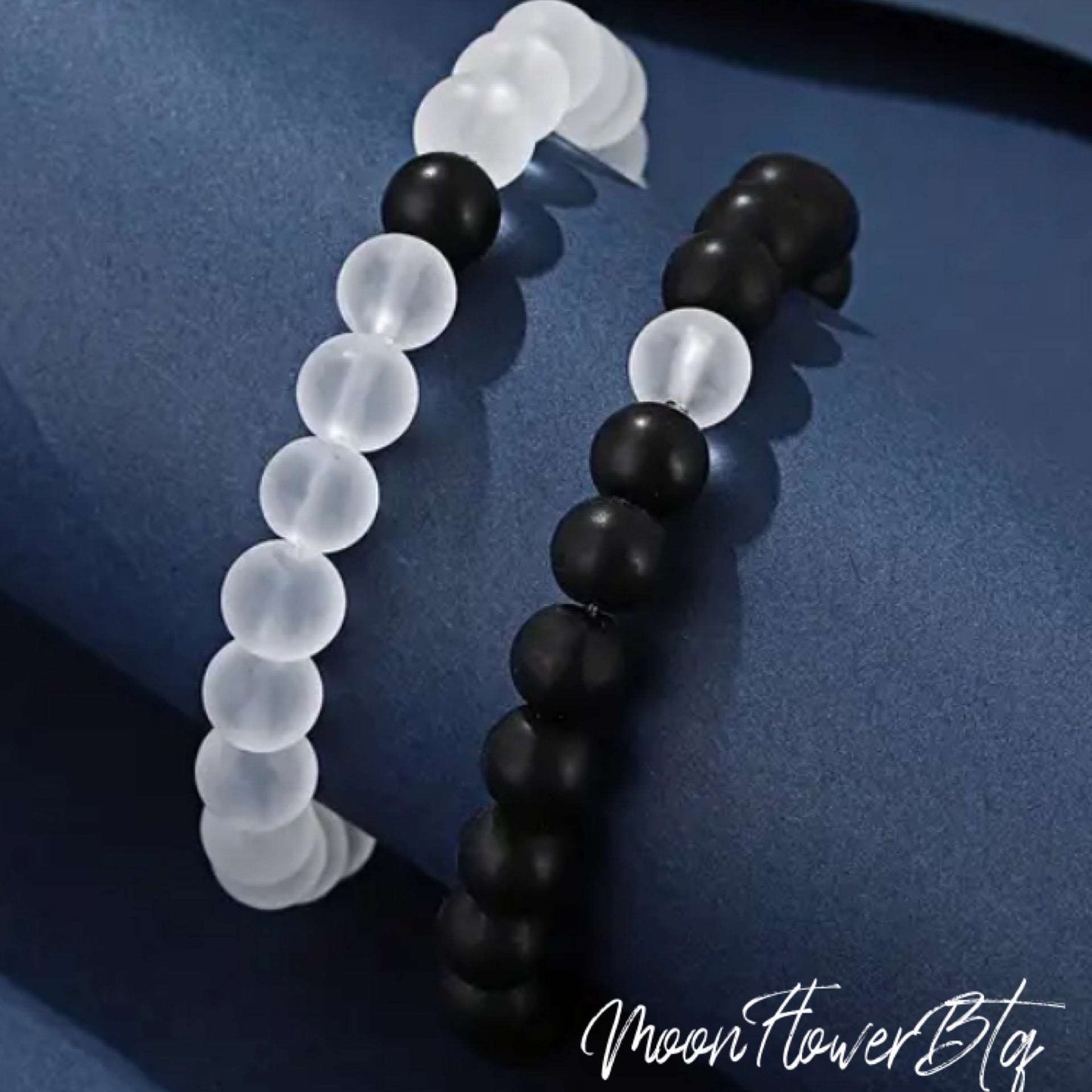 Black White Stone Beaded Bracelet Matching Set