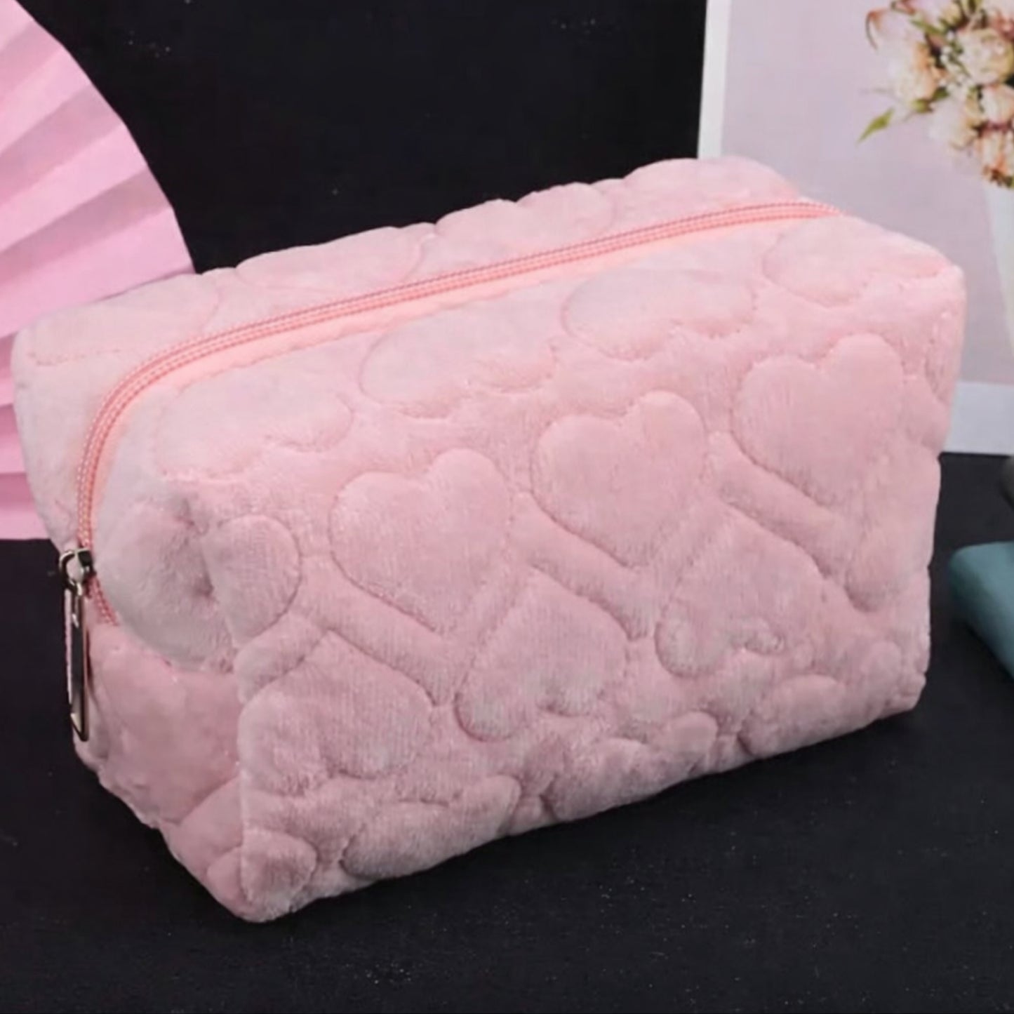 Pink Fuzzy Heart Cosmetic Makeup Bag