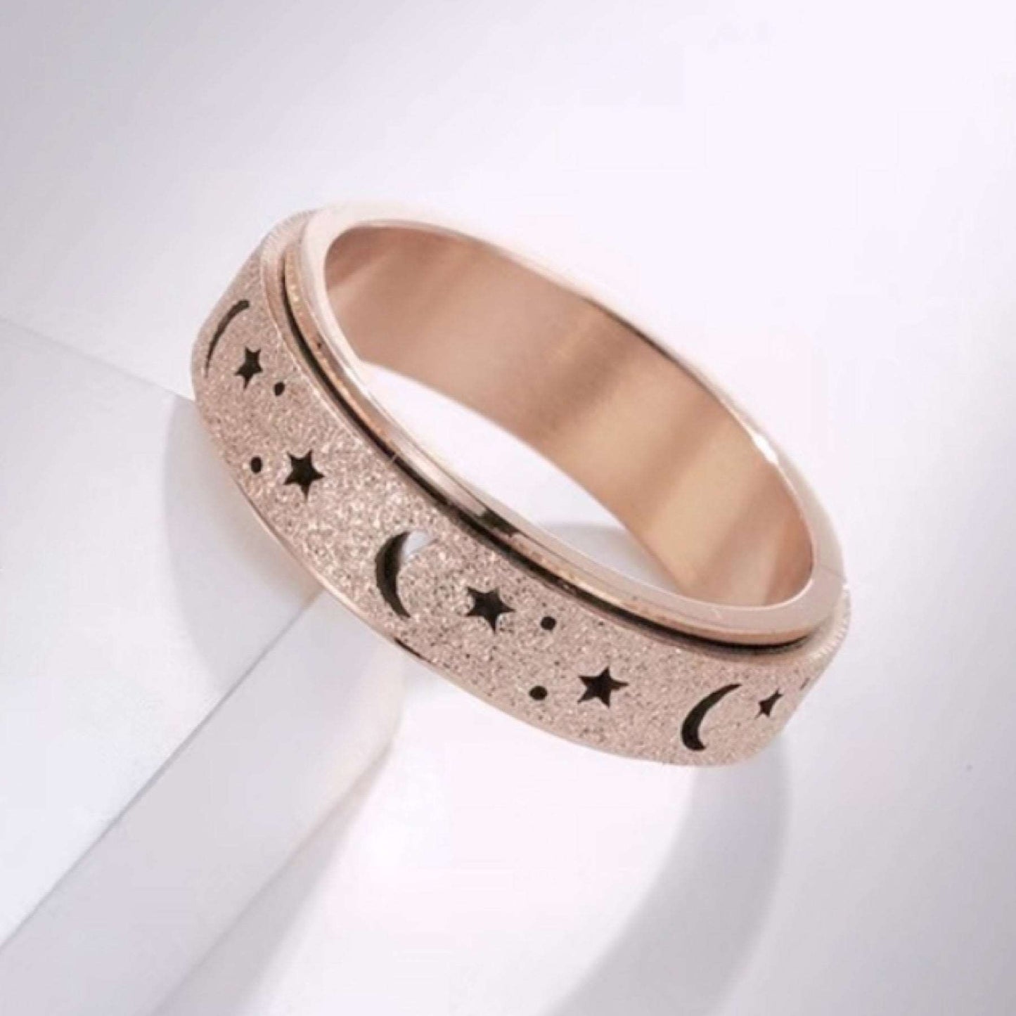 Frosted Pink Moon Star Anxiety Fidget Spinner Ring