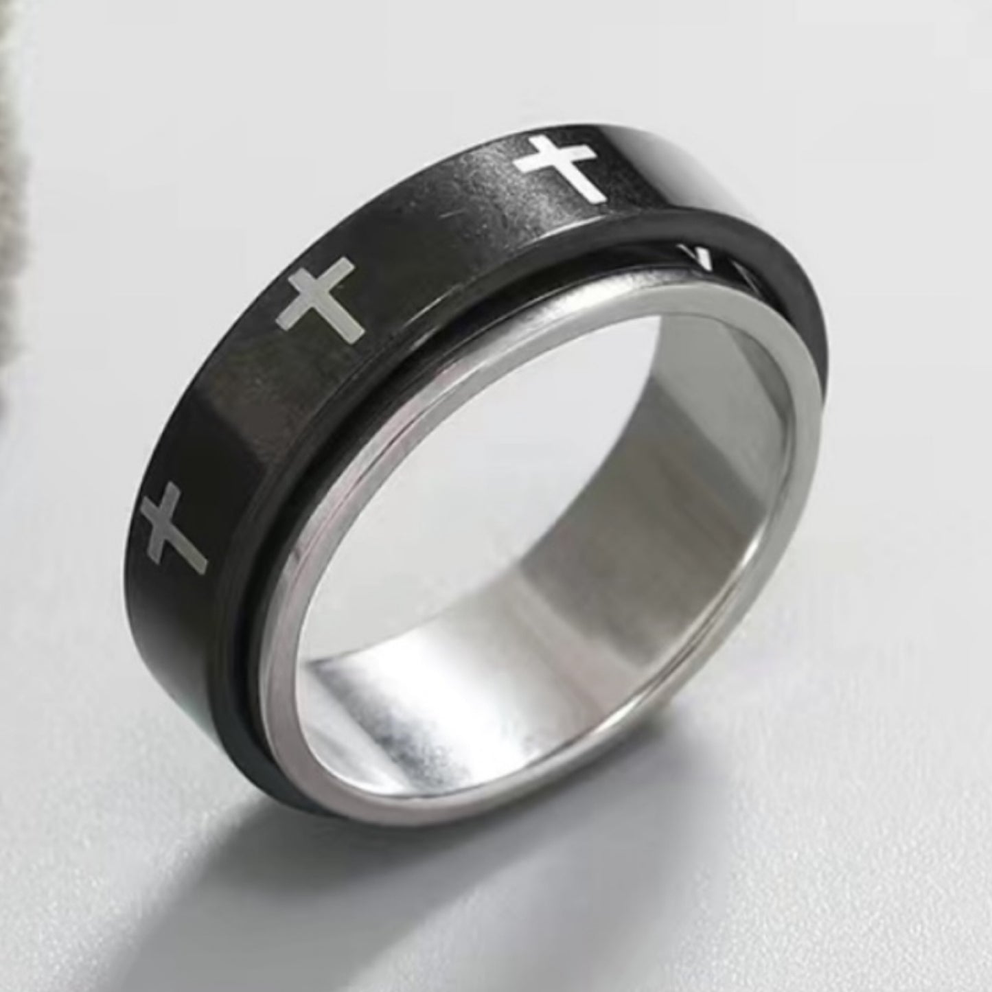 Black Cross Spinner Ring – Stainless Steel Fidget Band