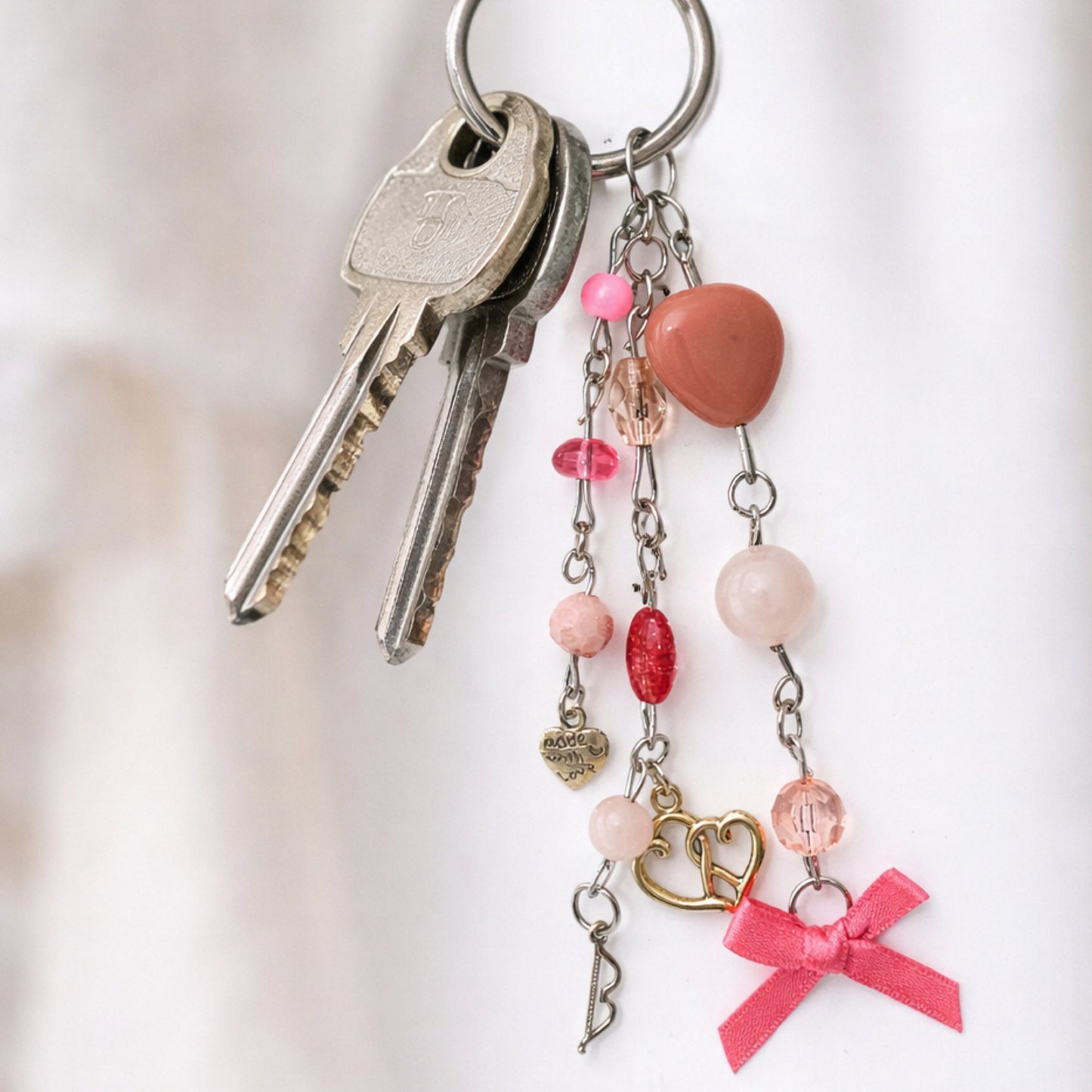 Pink Heart Bow Arrow Beaded Charm - Bag Charm Keychain Zipper Pull