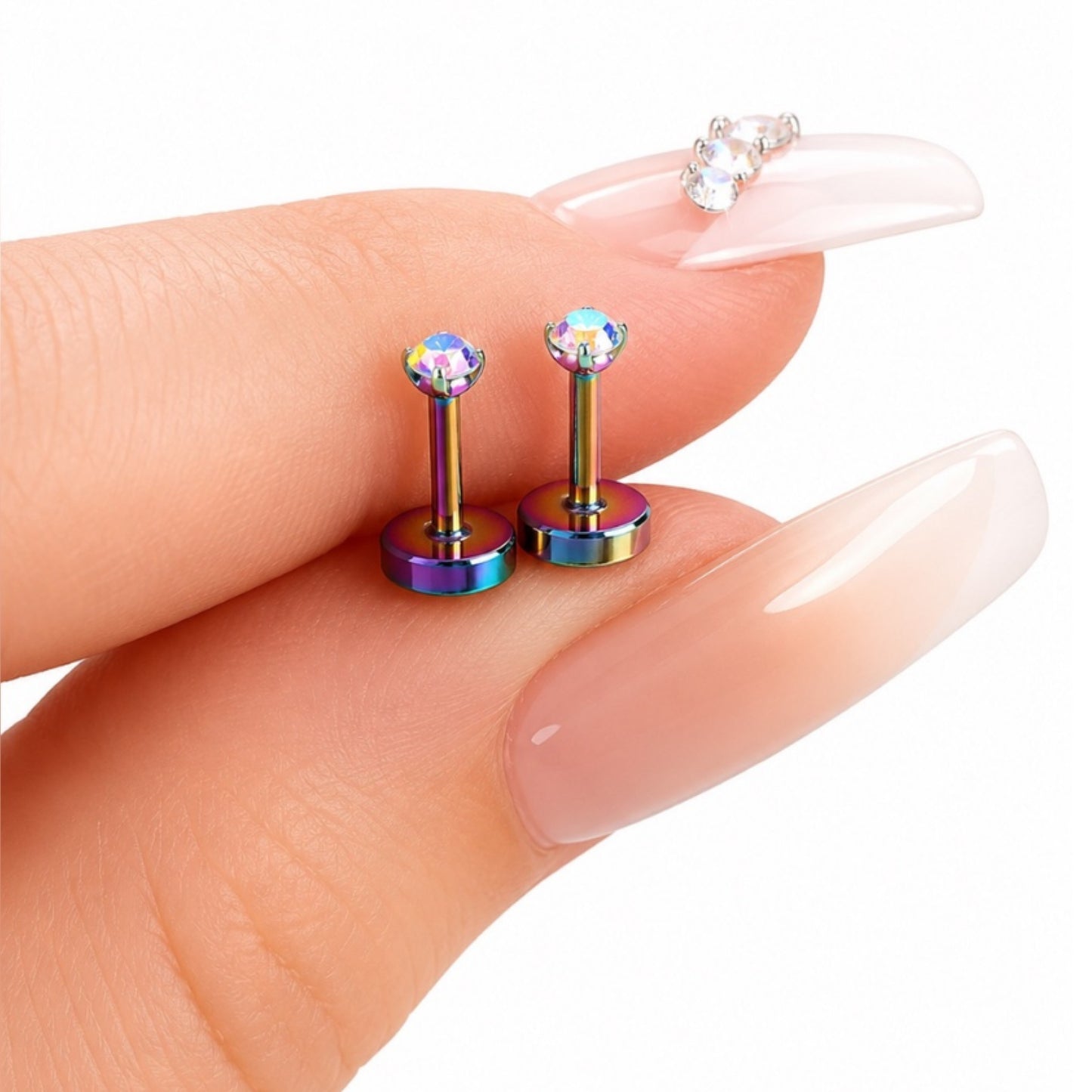 Rainbow Stainless Steel Flat Back Stud Earrings – 20G 2mm