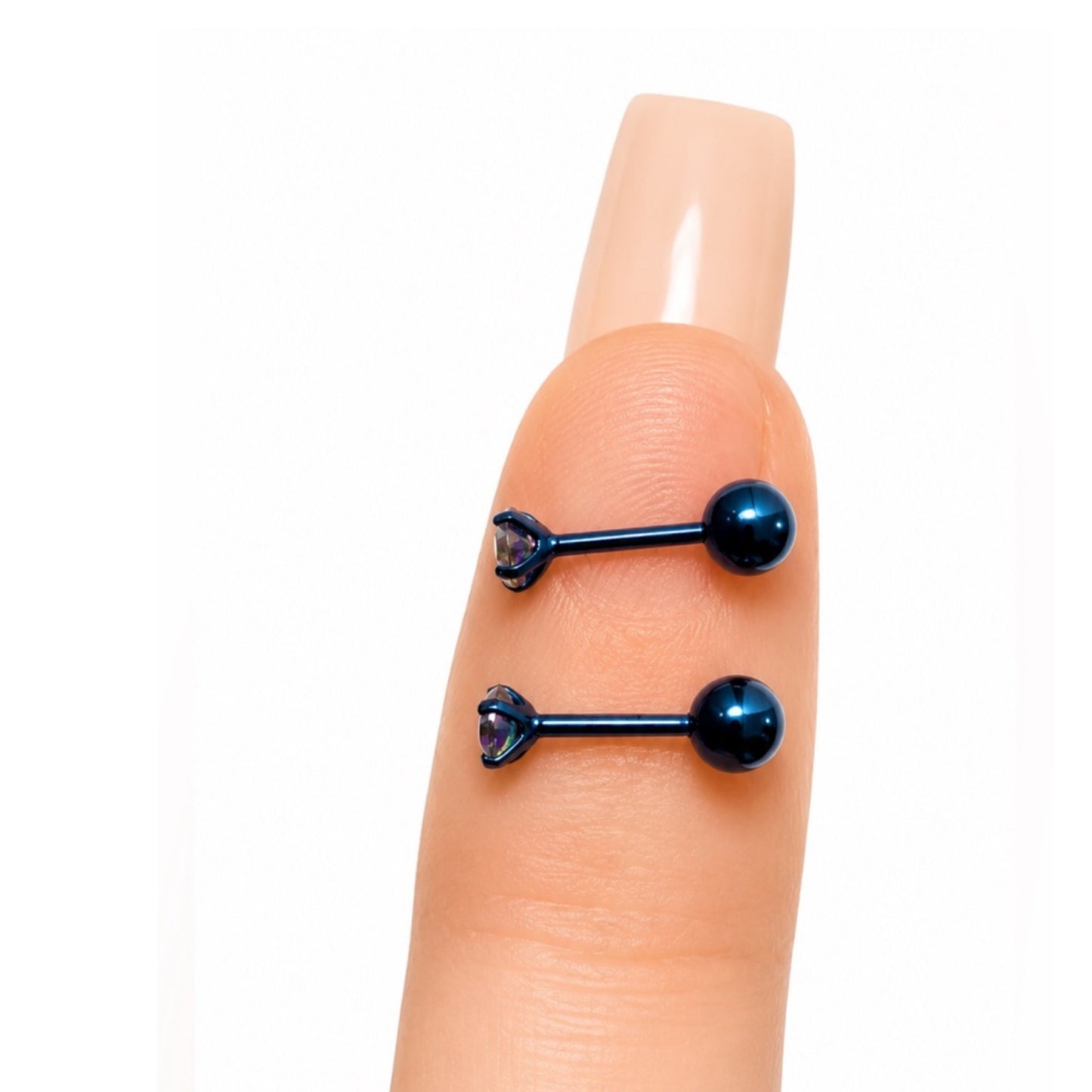 Blue Iridescent CZ Barbell Earrings – 20G Surgical Steel Studs | 3mm