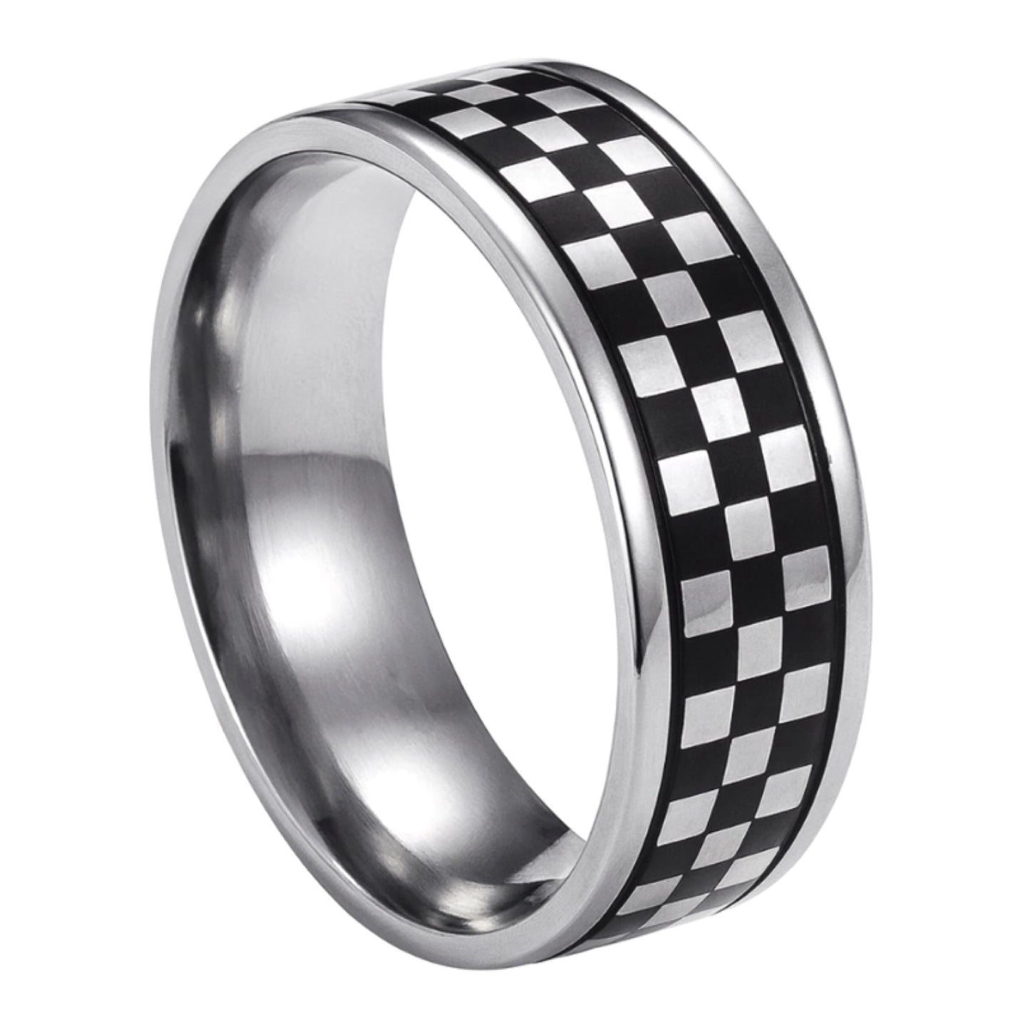Black Silver Checkerboard Stainless Steel Band Ring Punk Skate Y2K