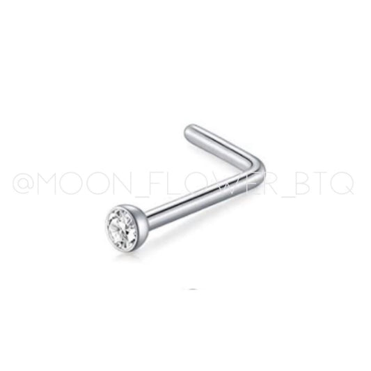 Silver Round CZ L Shaped Nose Ring