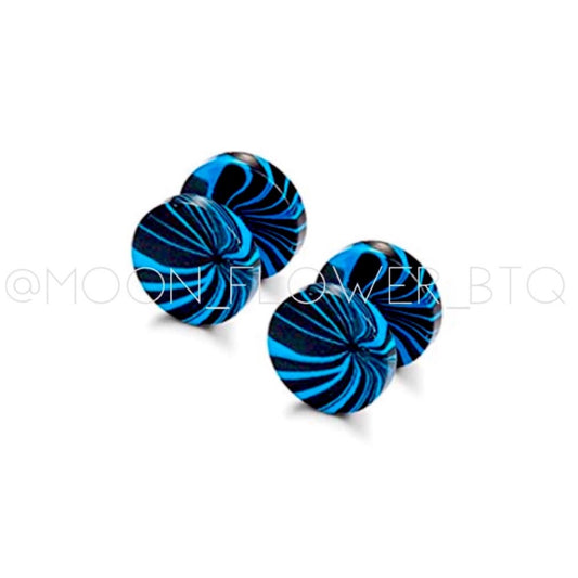 Blue & Black Marble Flat Barbell Earrings