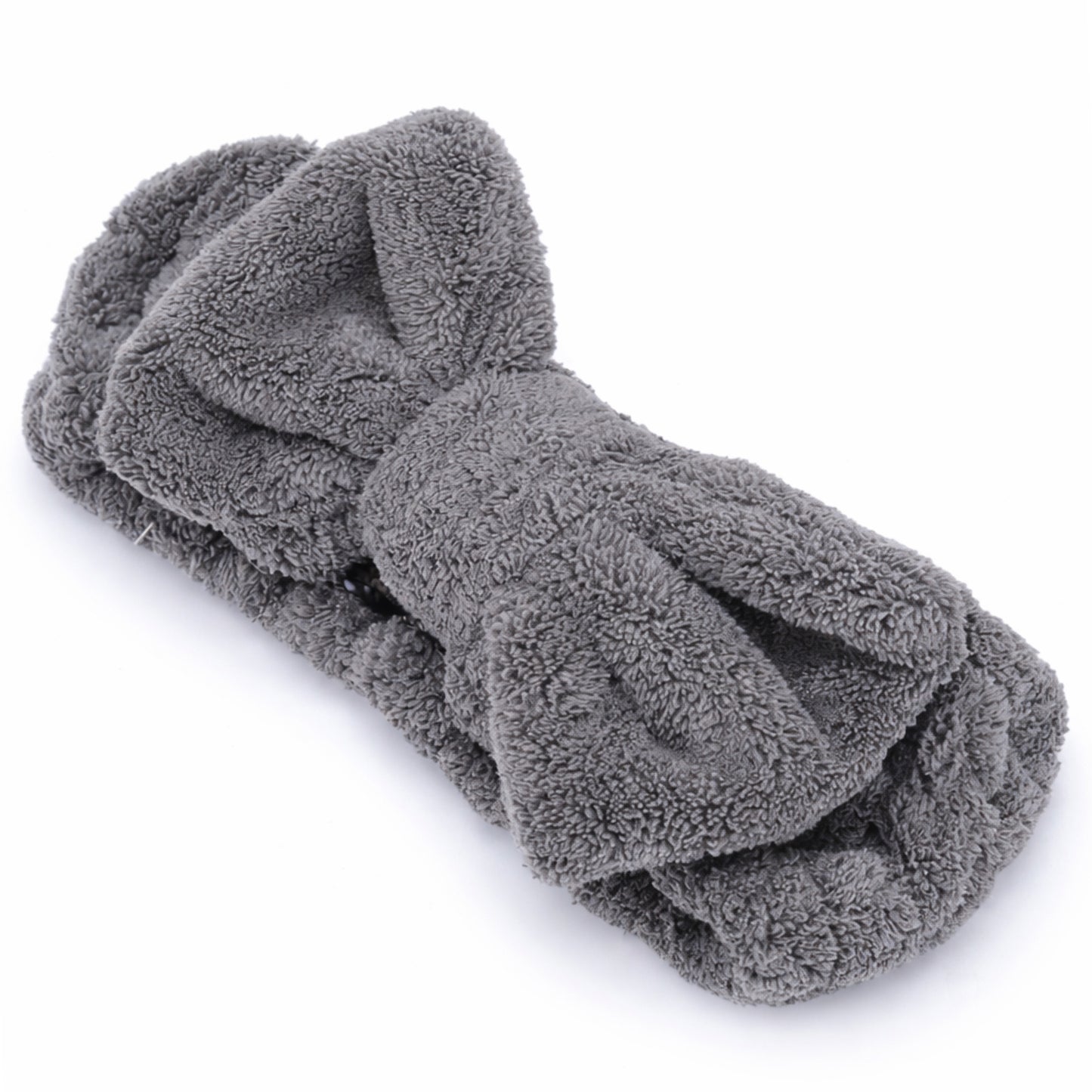 Gray Plush Bow Spa Headband – Soft Fleece Skincare & Makeup Hair Wrap