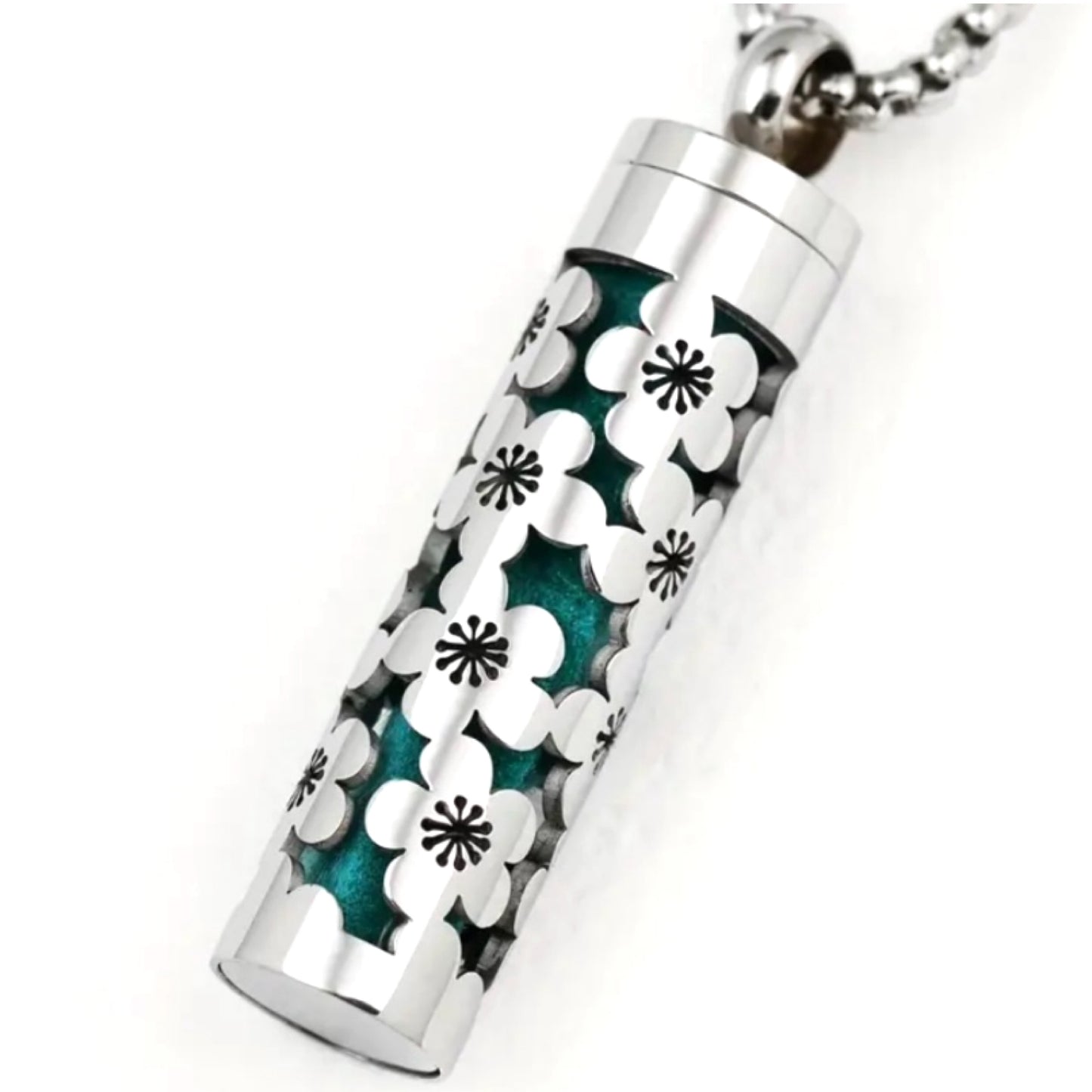 Stainless Steel Essential Oil Diffuser Necklace – Floral Cylinder Pendant
