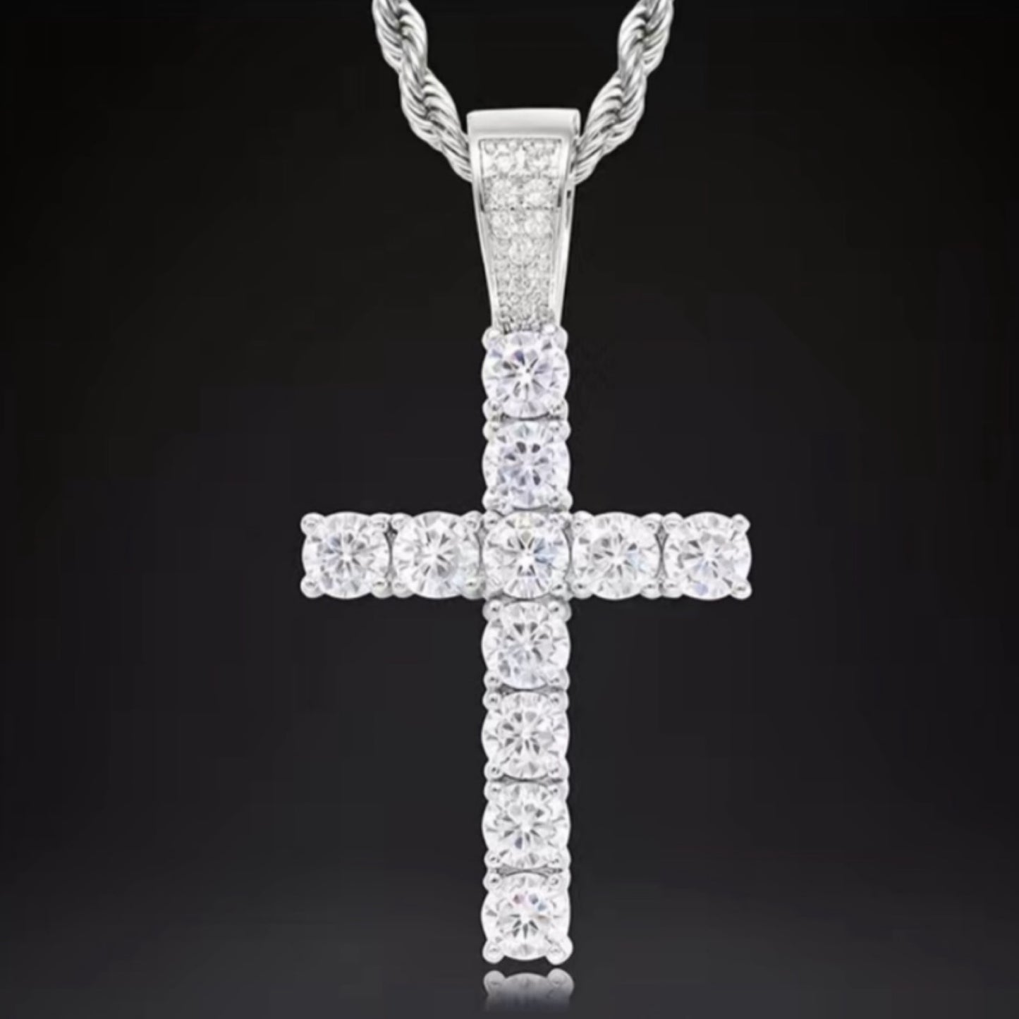 White Gold CZ Cross Necklace – Stainless Steel Rope Chain 22”