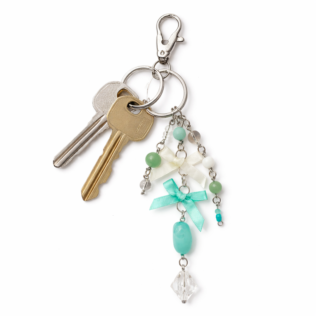 Mint Green Beaded Bow Charm - Bag Charm Keychain Zipper Pull