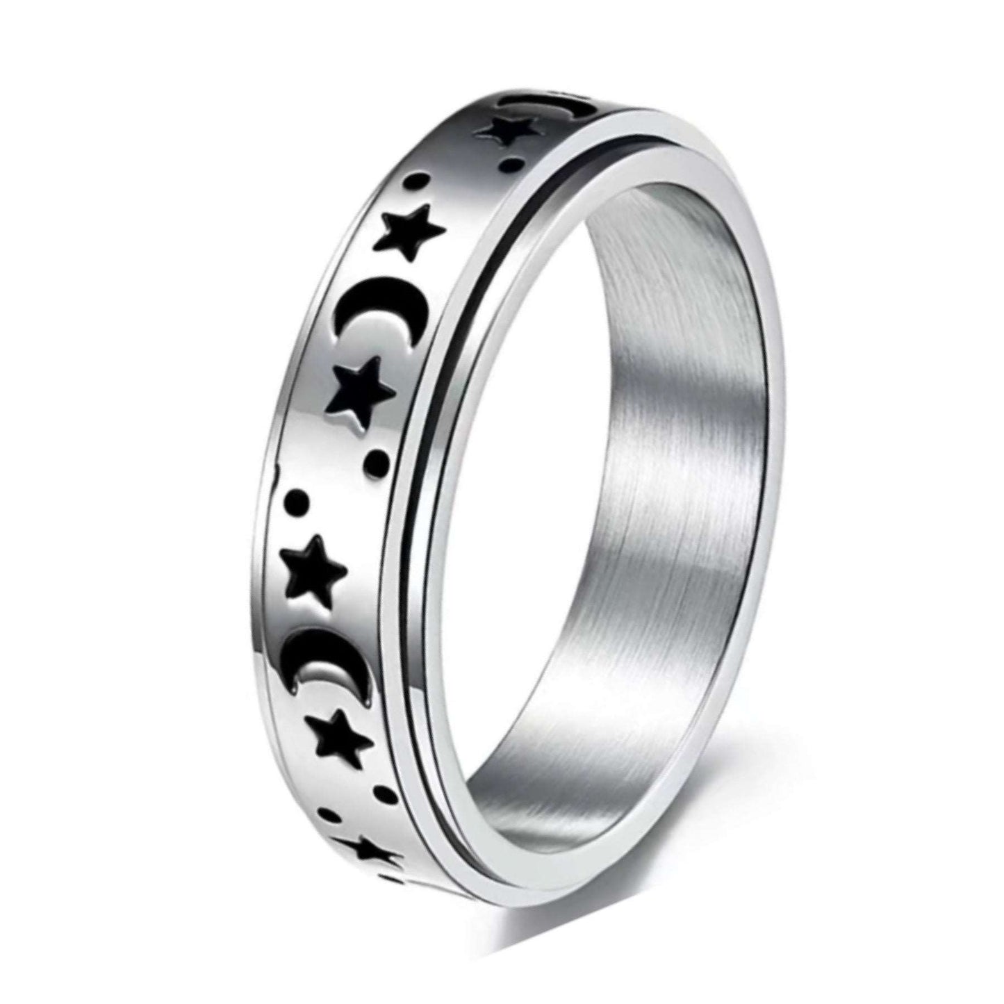 Silver Moon Stars Anxiety Fidget Spinner Ring