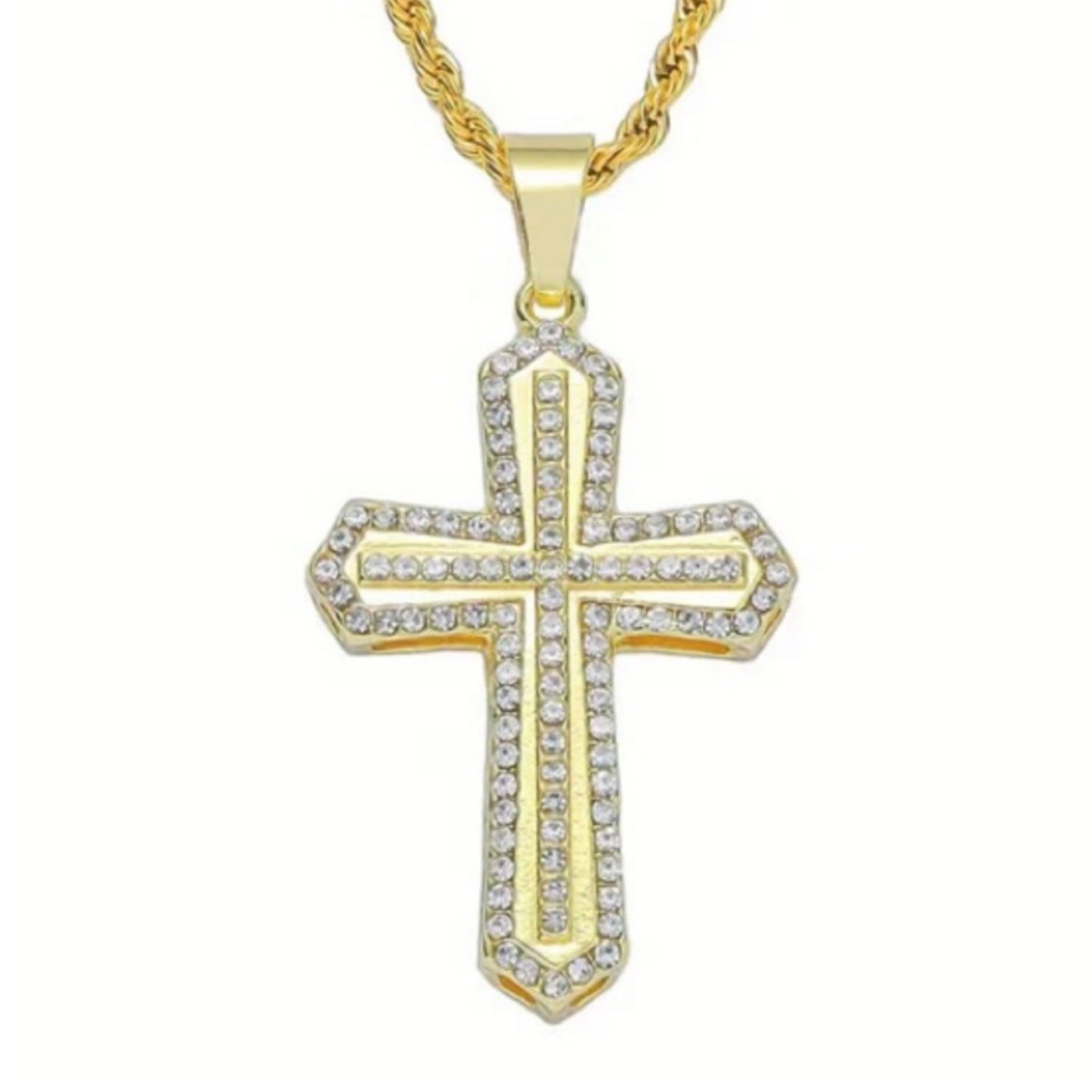 Gold CZ Cross Necklace – 18K Gold Rope Chain 24”