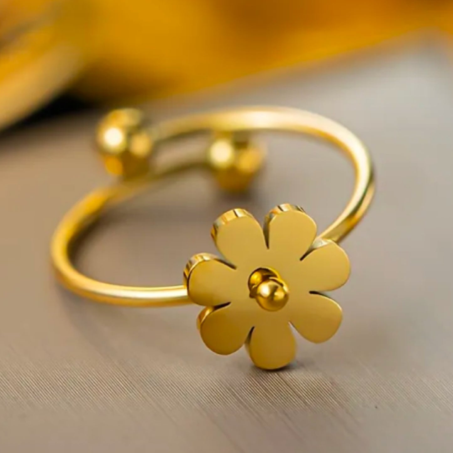 Gold Titanium Flower Cuff Ring – Adjustable Open Band