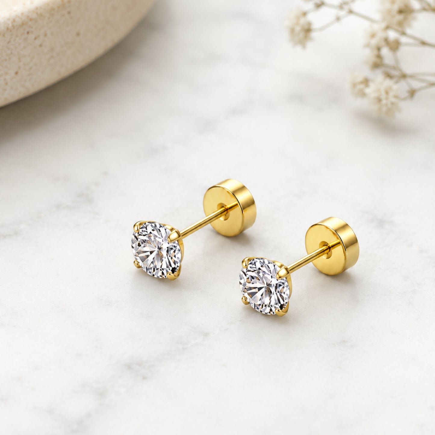 Gold Solitaire CZ Flat Back Stud Earrings