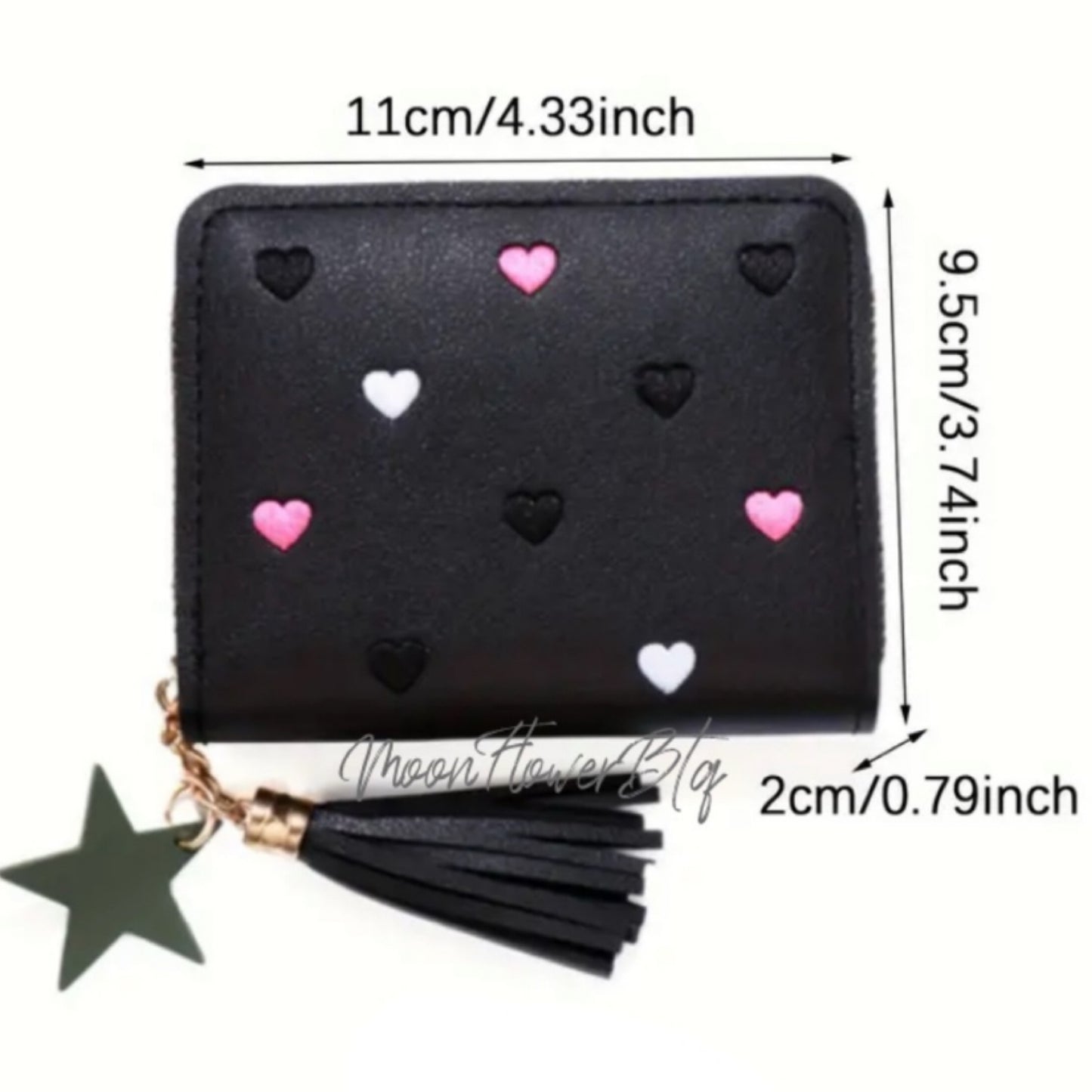 Black Heart Zip Around Mini Wallet with Star Charm