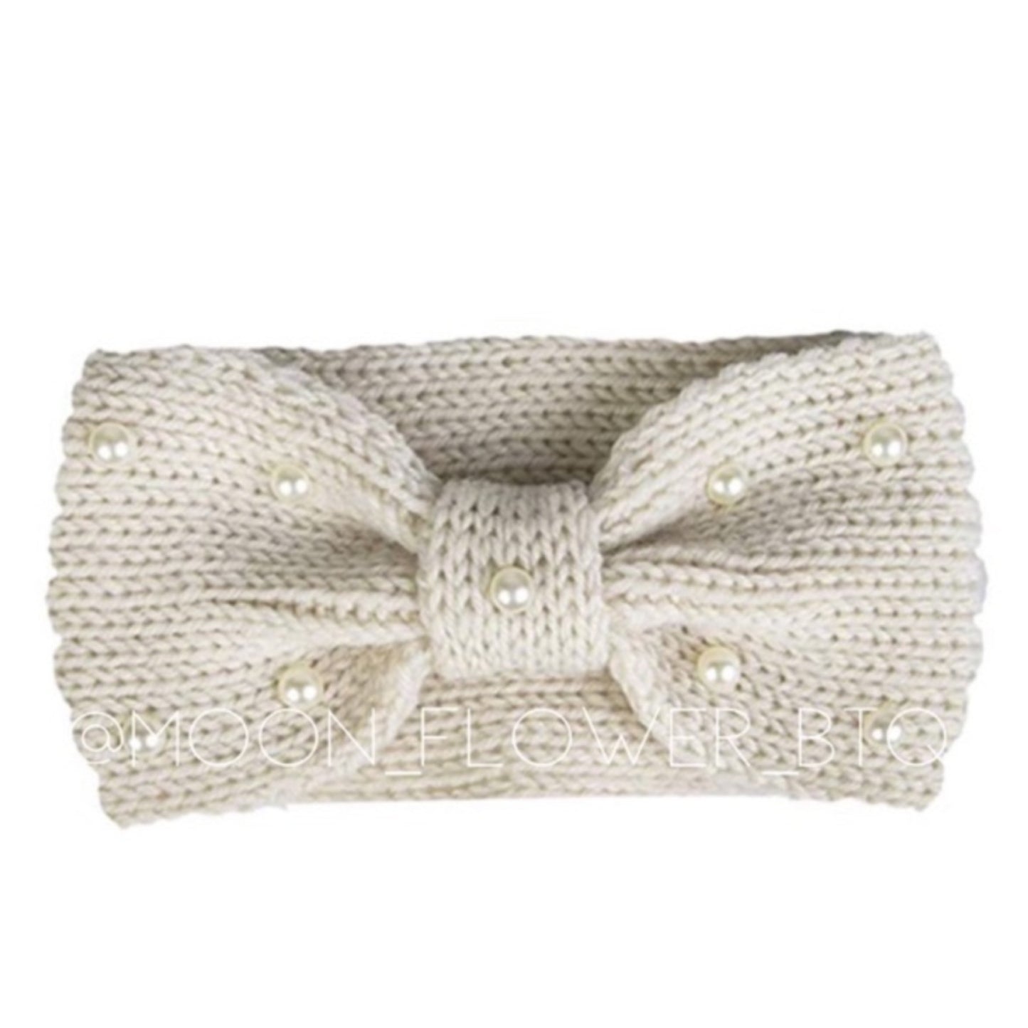 Cream Pearl Knit Bow Ear Warmer Headband | Winter Cozy Head Wrap