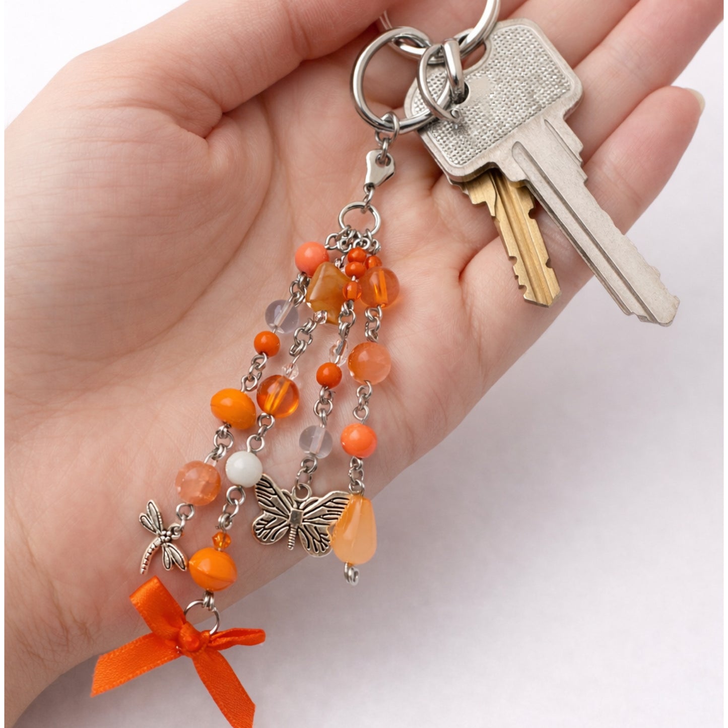 Orange Beaded Butterfly Dragonfly Charm - Keychain Bag Charm & Zipper Pull