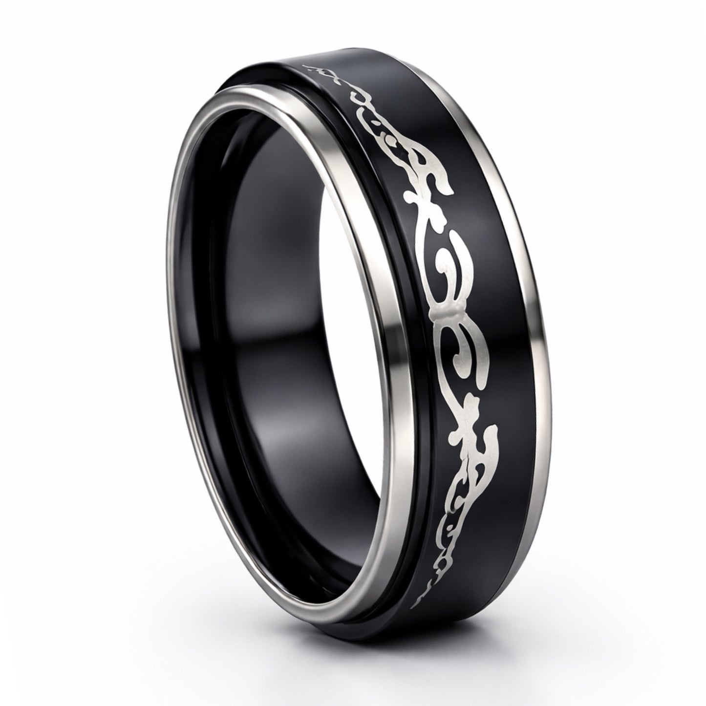 Black Tribal Spinner Ring – Stainless Steel Fidget Band