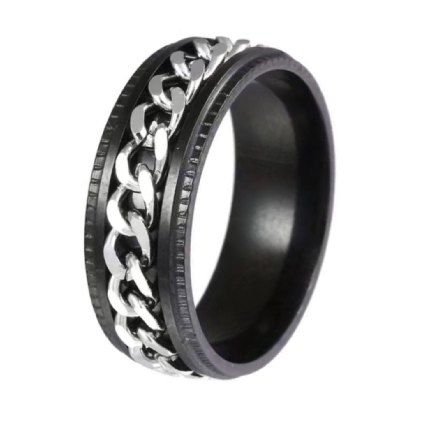 Black Silver Chain Spinner Ring • Anxiety Fidget Band • Stainless Steel