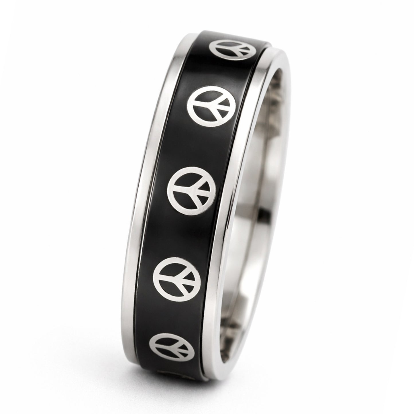Black Stainless Steel Peace Sign Spinner Ring Fidget Band