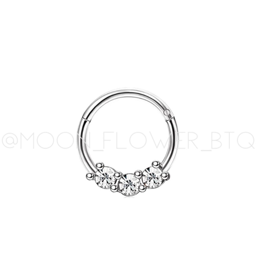 Triple CZ Clicker Hoop Ring – 16G 10mm Stainless Steel Septum Daith Helix Piercing