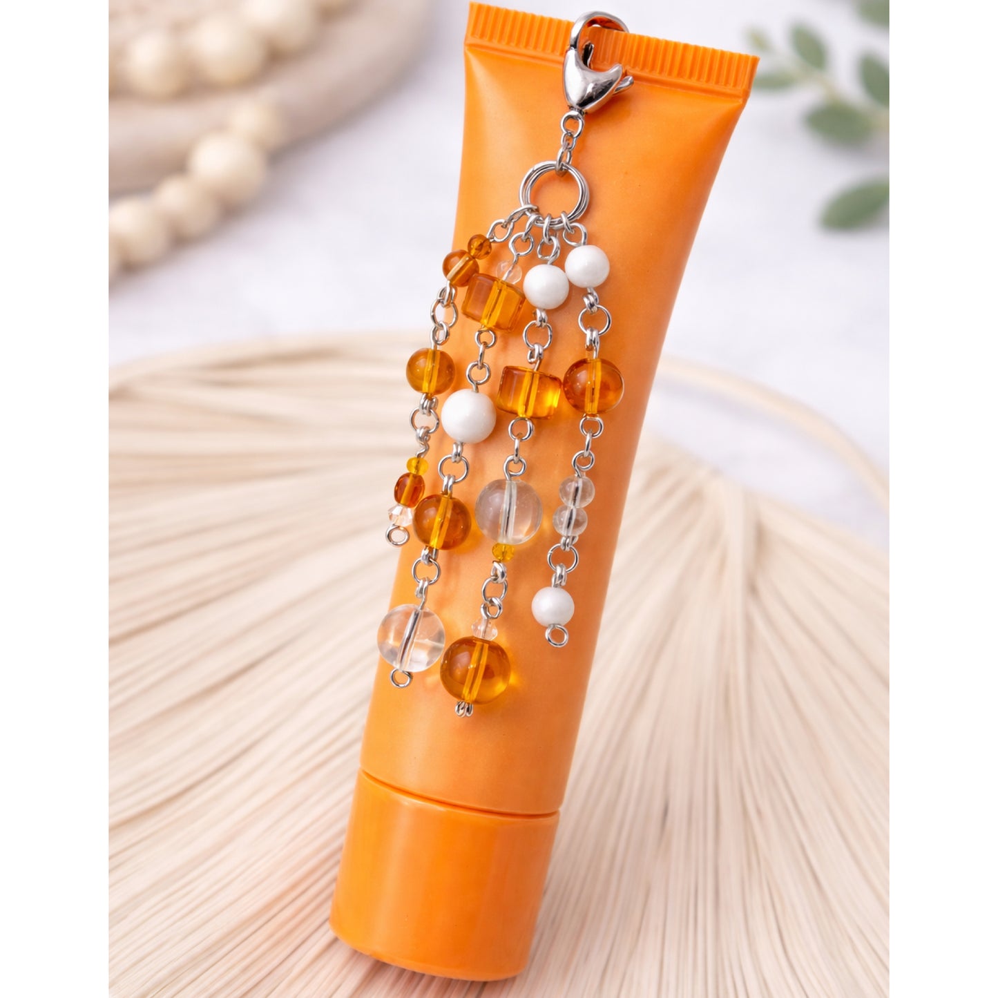 Orange Beaded Charm Keychain – Bag Charm, Zipper Pull, Lip Balm Clip